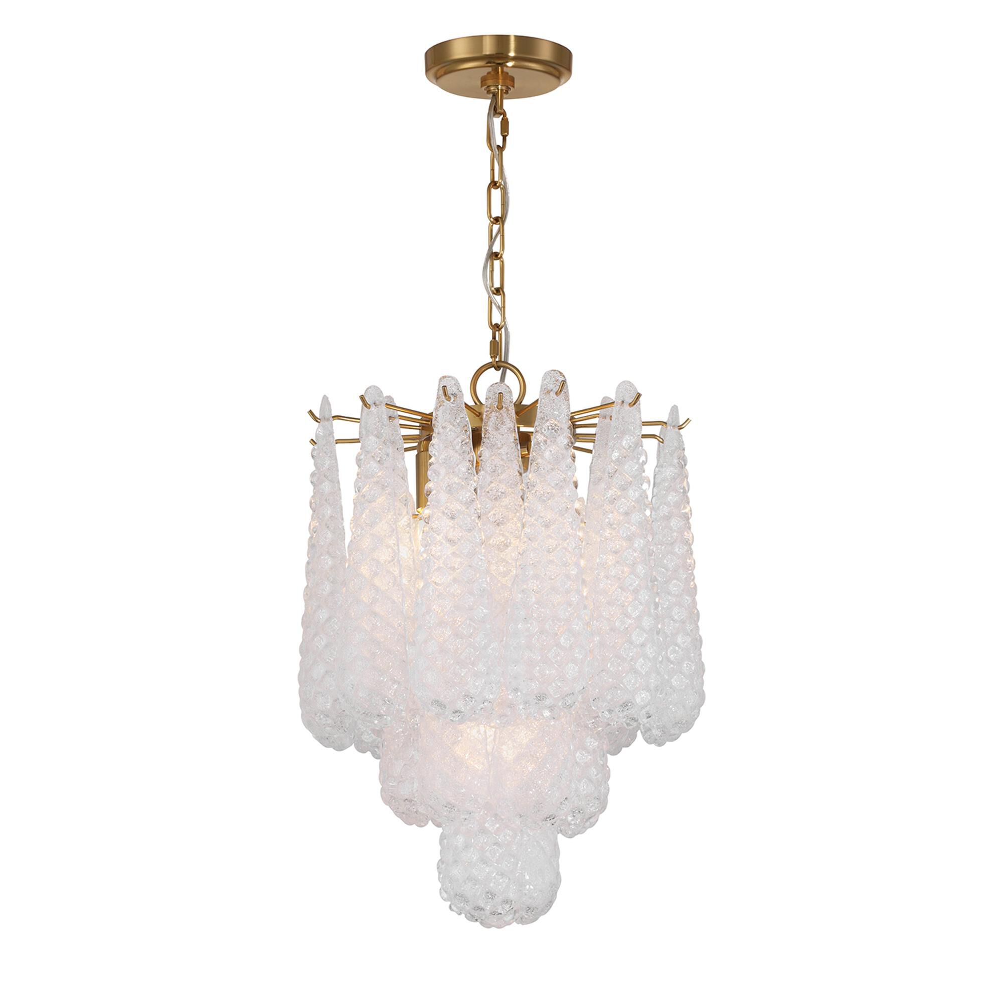 Shown in Aged Brass finish and Sand Clear glass