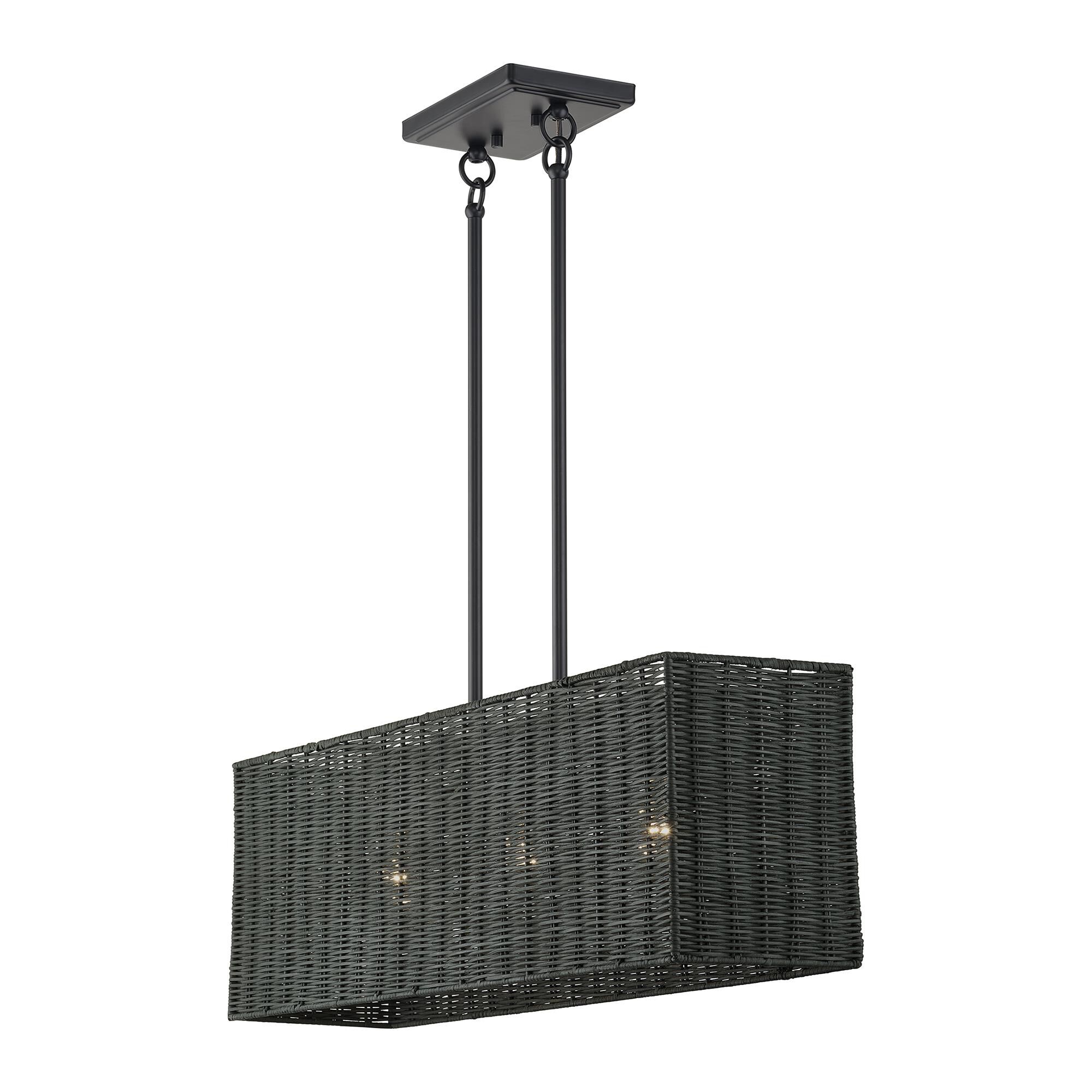 Shown in Black finish and Hand-Woven Charred Gray Color Rattan shade