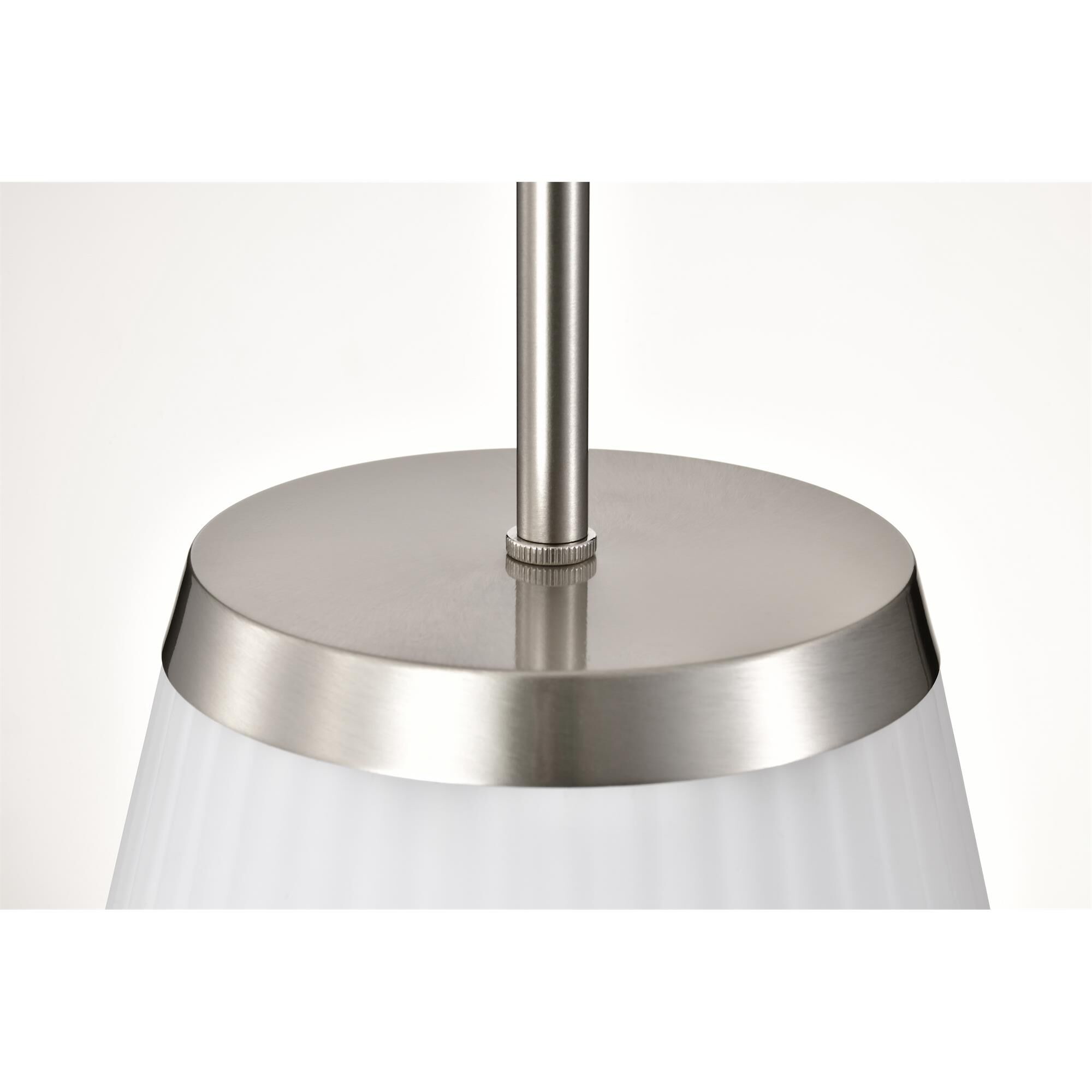 Shown in Brushed Nickel finish and Ribbed White glass