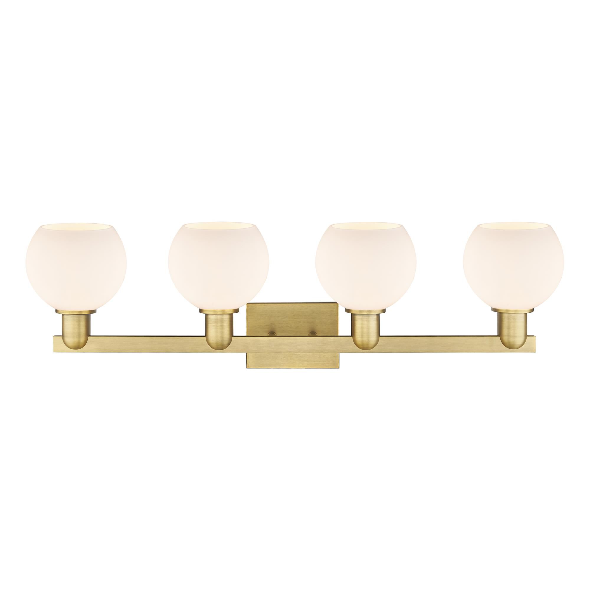 Shown in Brushed Brass finish and Matte White glass