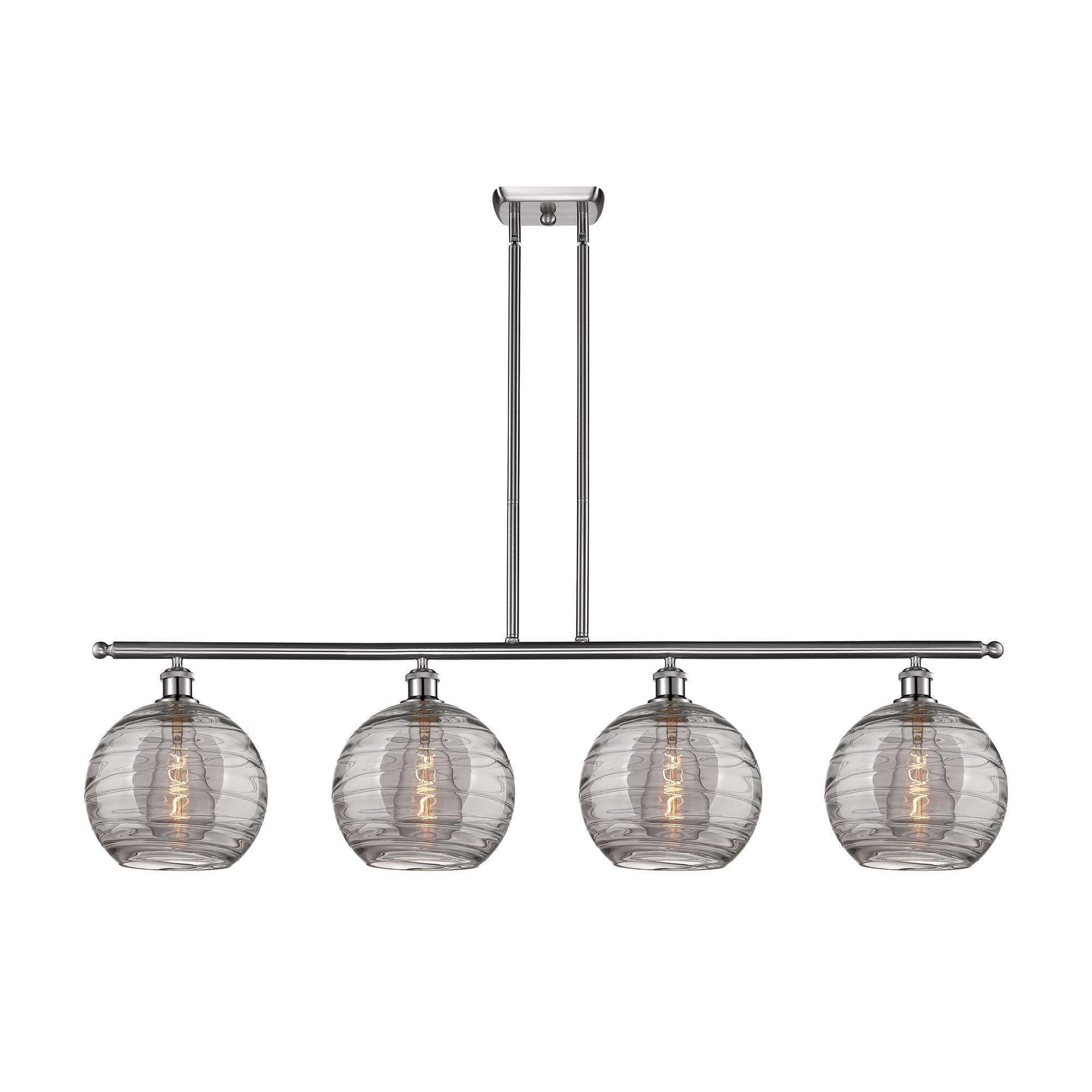 Shown in Brushed Satin Nickel finish and Light Smoke Deco Swirl glass