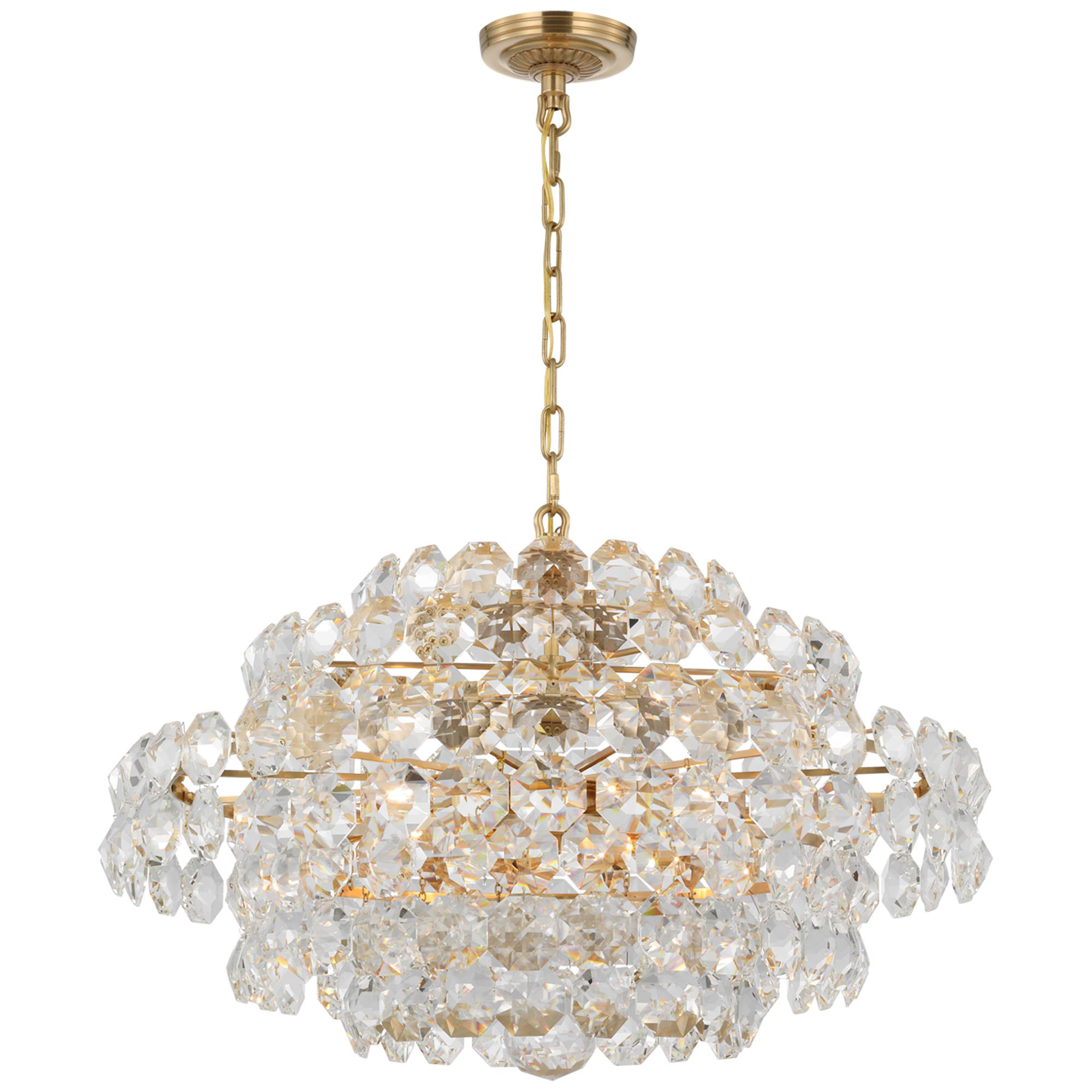 Shown in Hand-Rubbed Antique Brass finish and Crystal glass