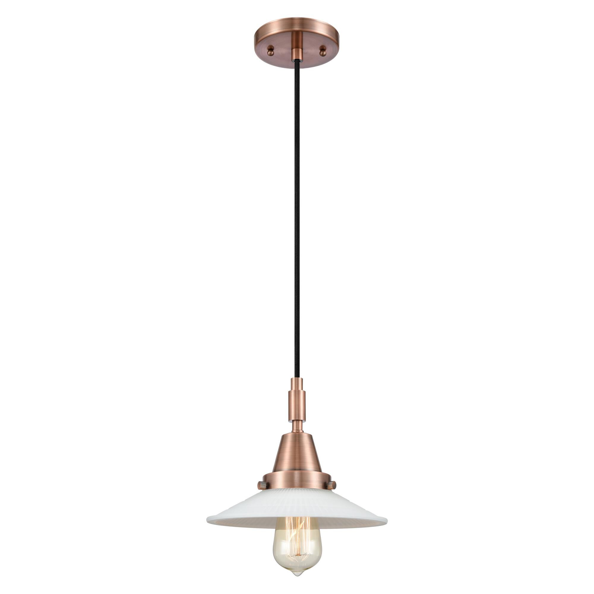 Shown in Antique Copper finish and Matte White Halophane glass