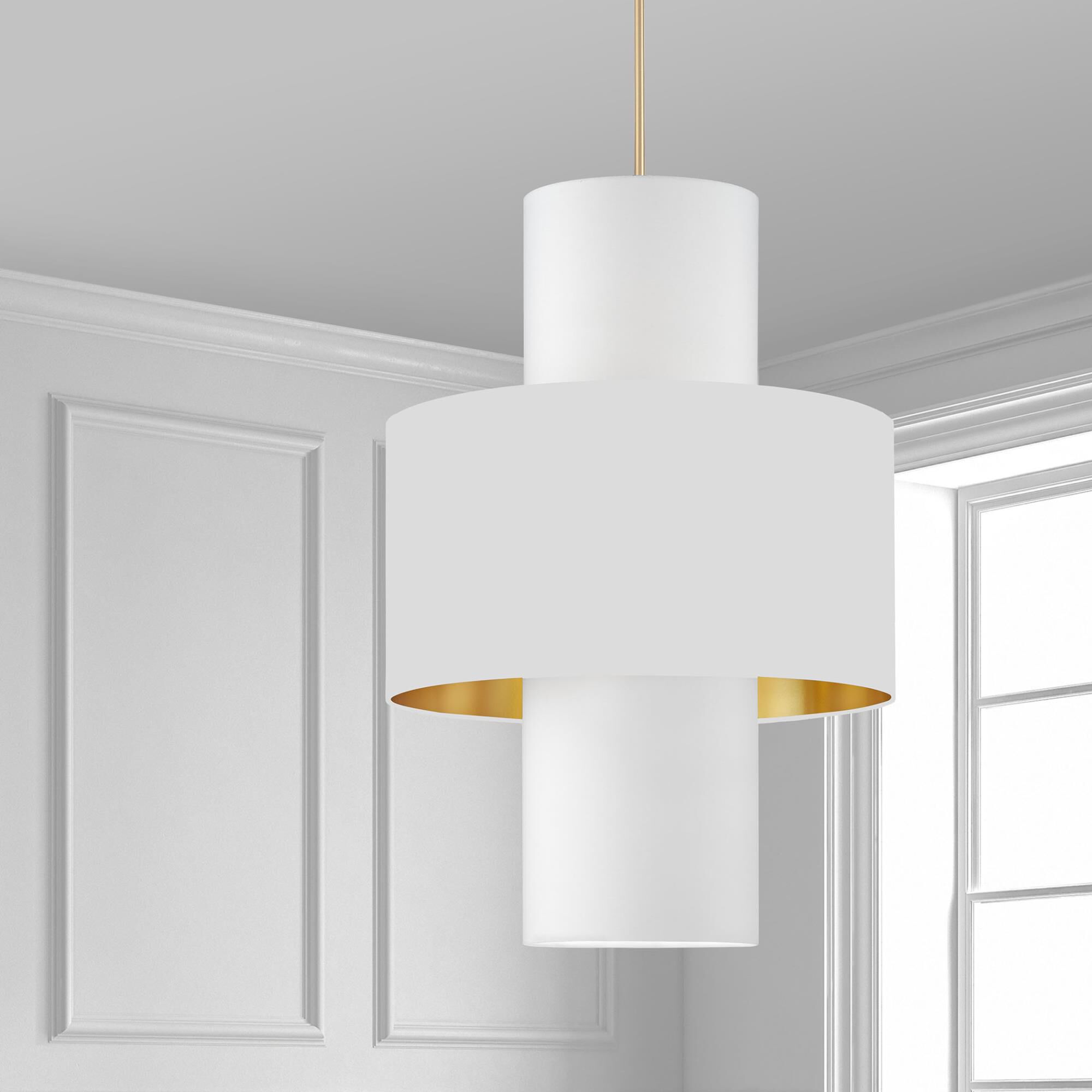 Shown in White and Aged Brass finish and White Fabric Drum shade