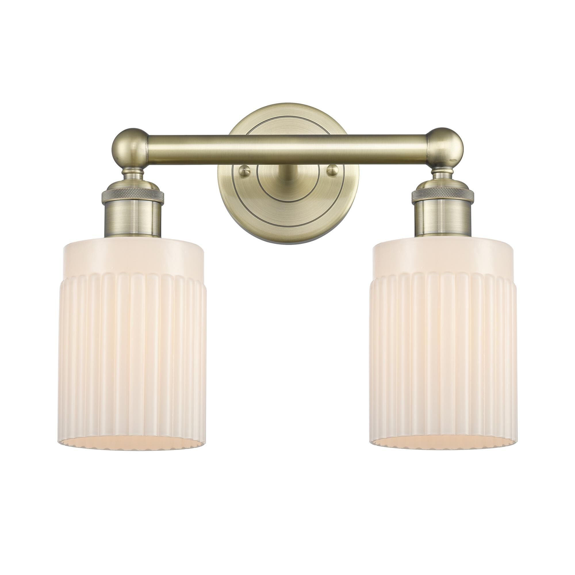 Shown in Antique Brass finish and Matte White glass