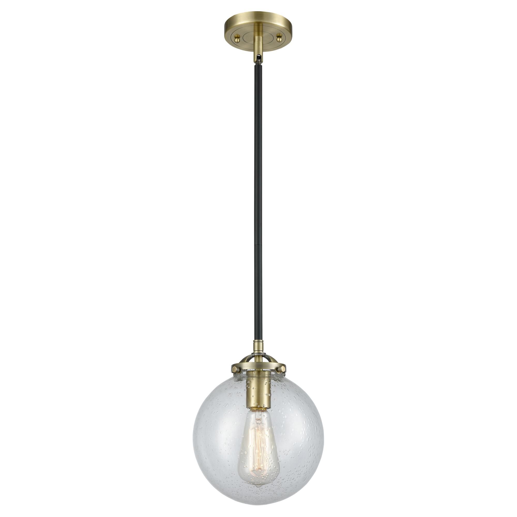 Shown in Black Antique Brass finish and Seedy glass