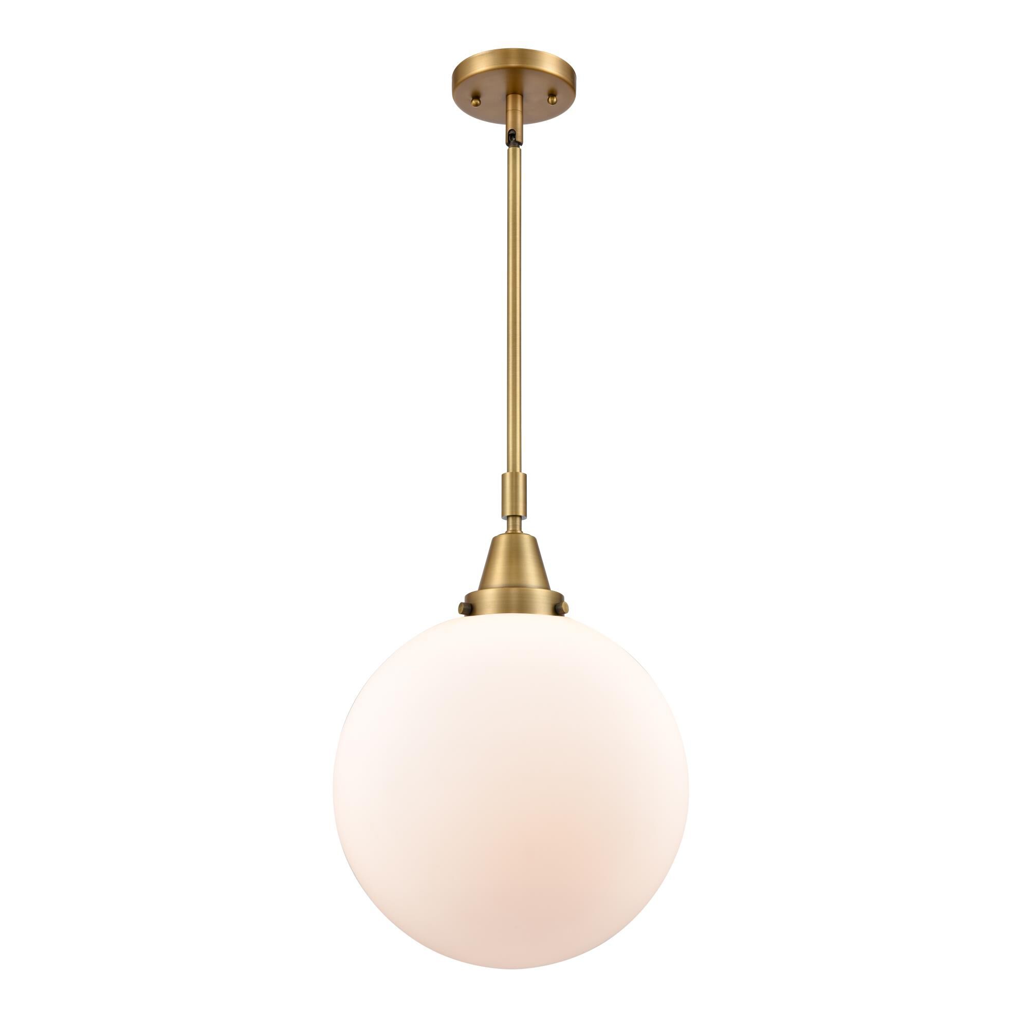 Shown in Brushed Brass finish and Matte White Cased Beacon glass