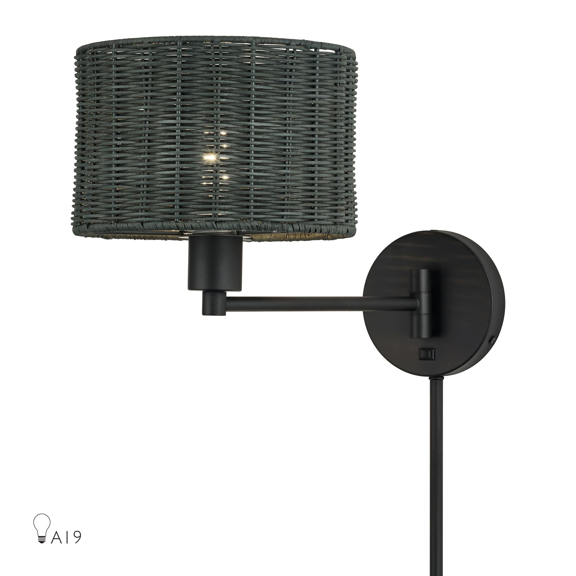 Shown in Black finish and Hand-Woven Charred Gray Color Rattan shade
