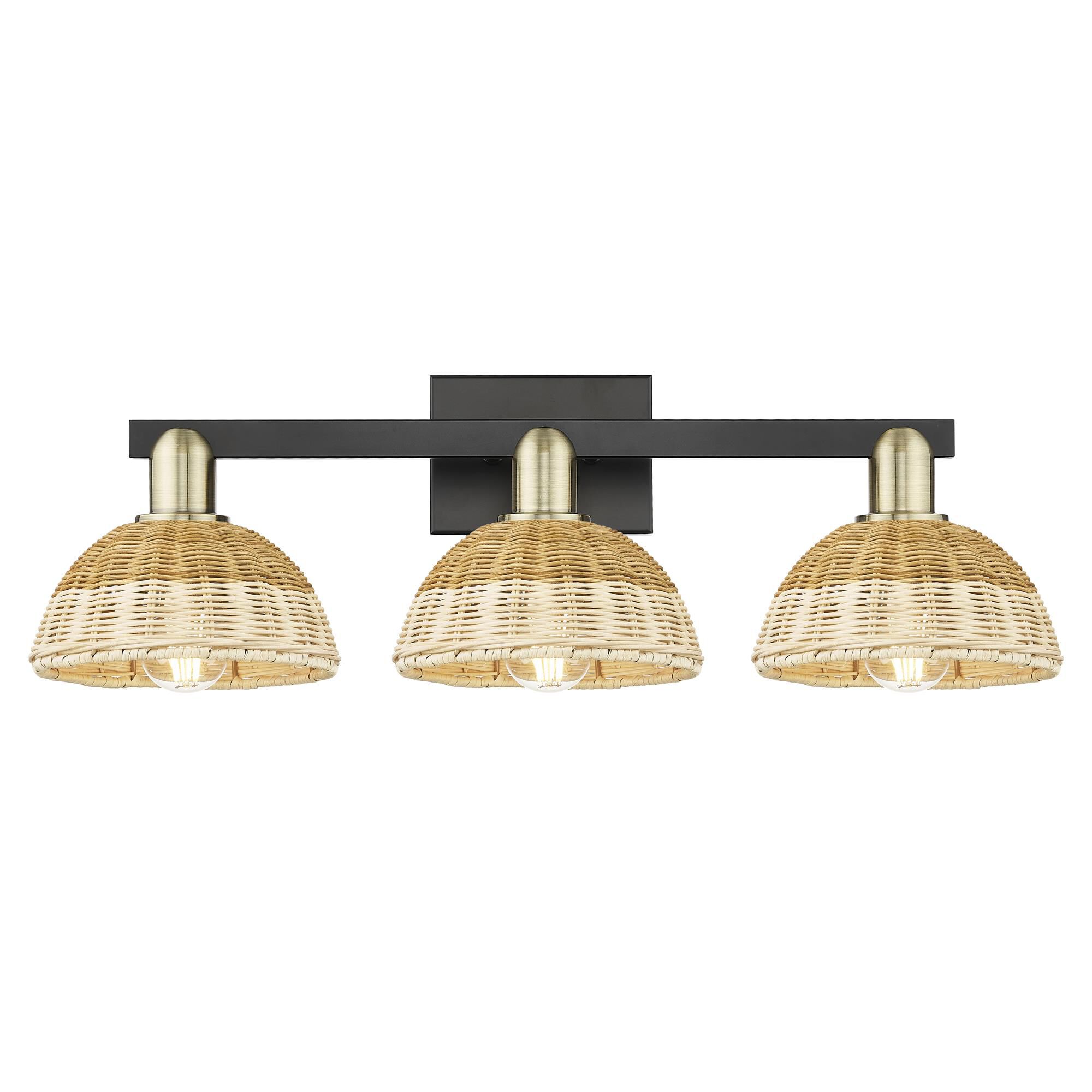 Shown in Black Antique Brass finish and Natural Fiber shade