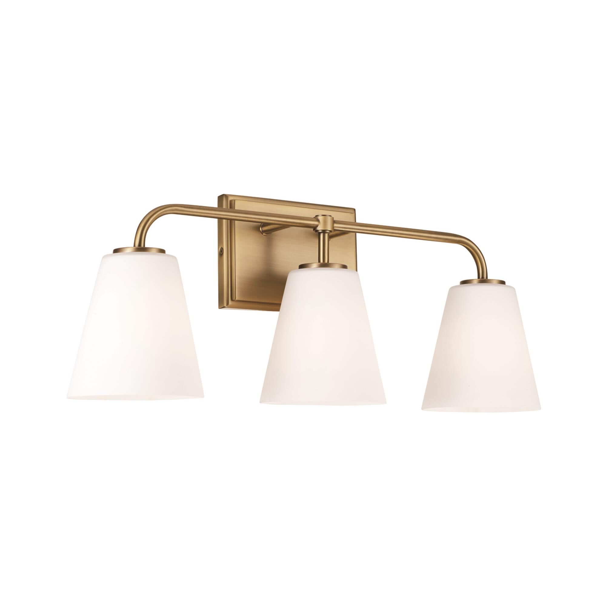 Shown in Aged Brass finish and Soft White glass