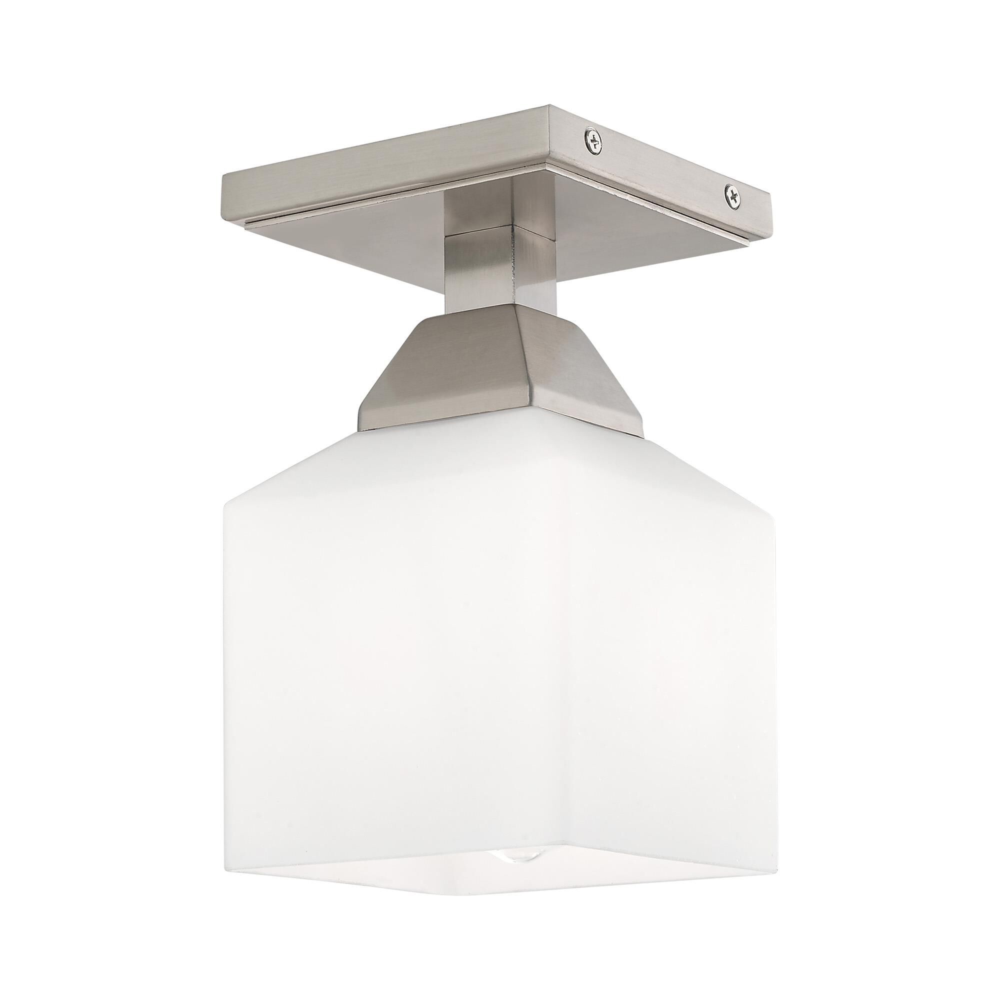 Shown in Brushed Nickel finish and Hand Blown Satin Opal White glass