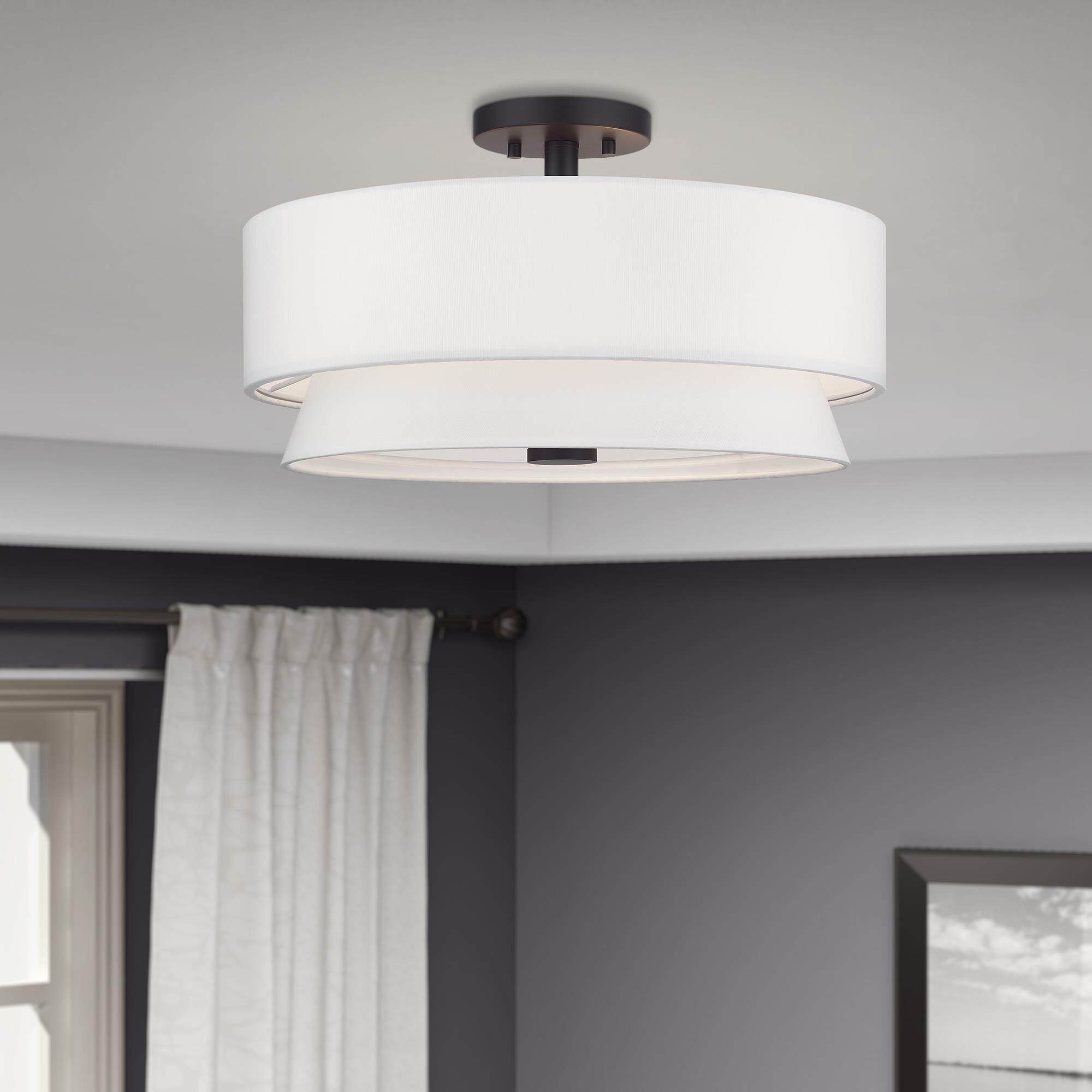 Shown in Bronze finish and Hand Crafted Off-White Fabric Hardbacks with White Fabric Inside shade