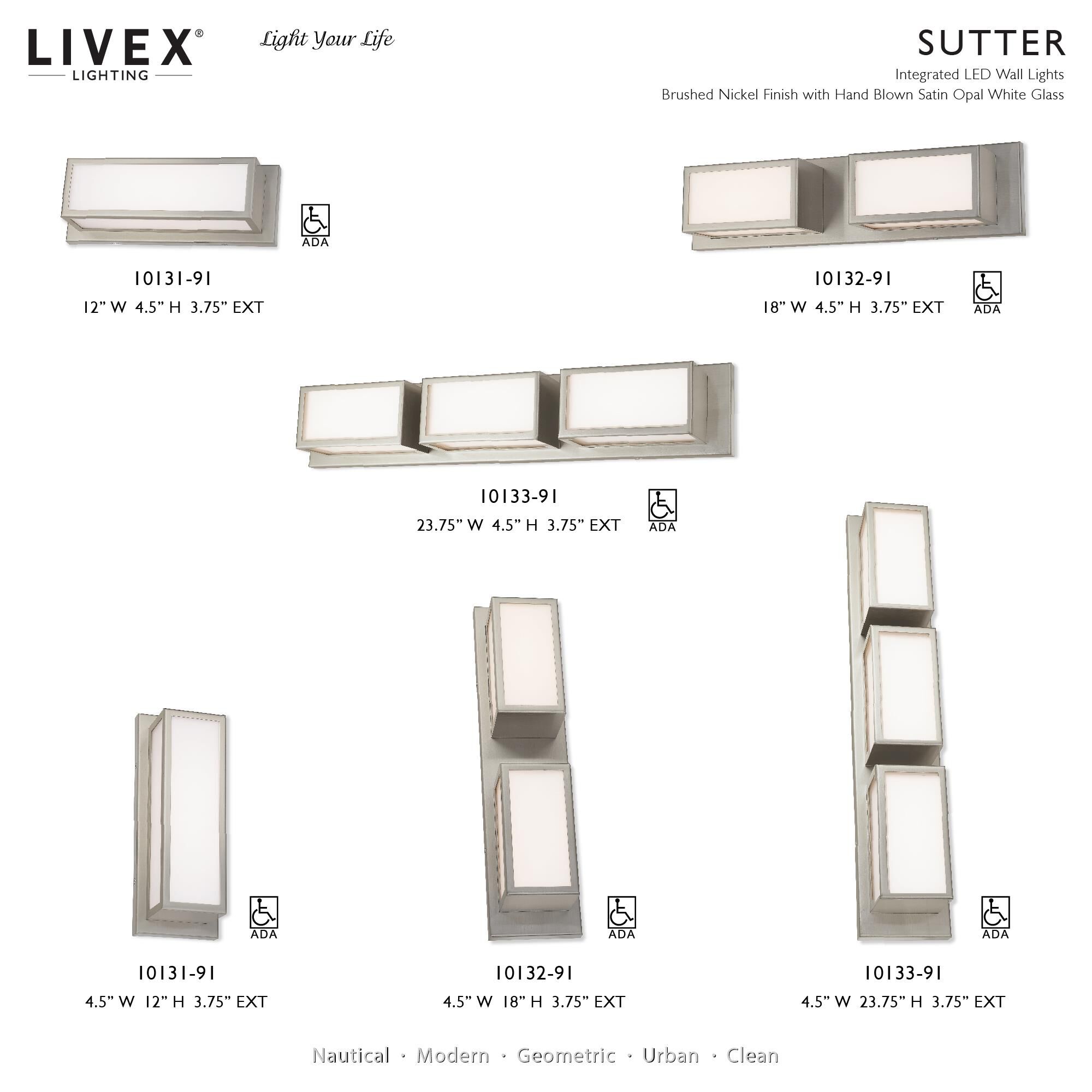 Shown in Brushed Nickel finish and Hand Blown Satin Opal White glass