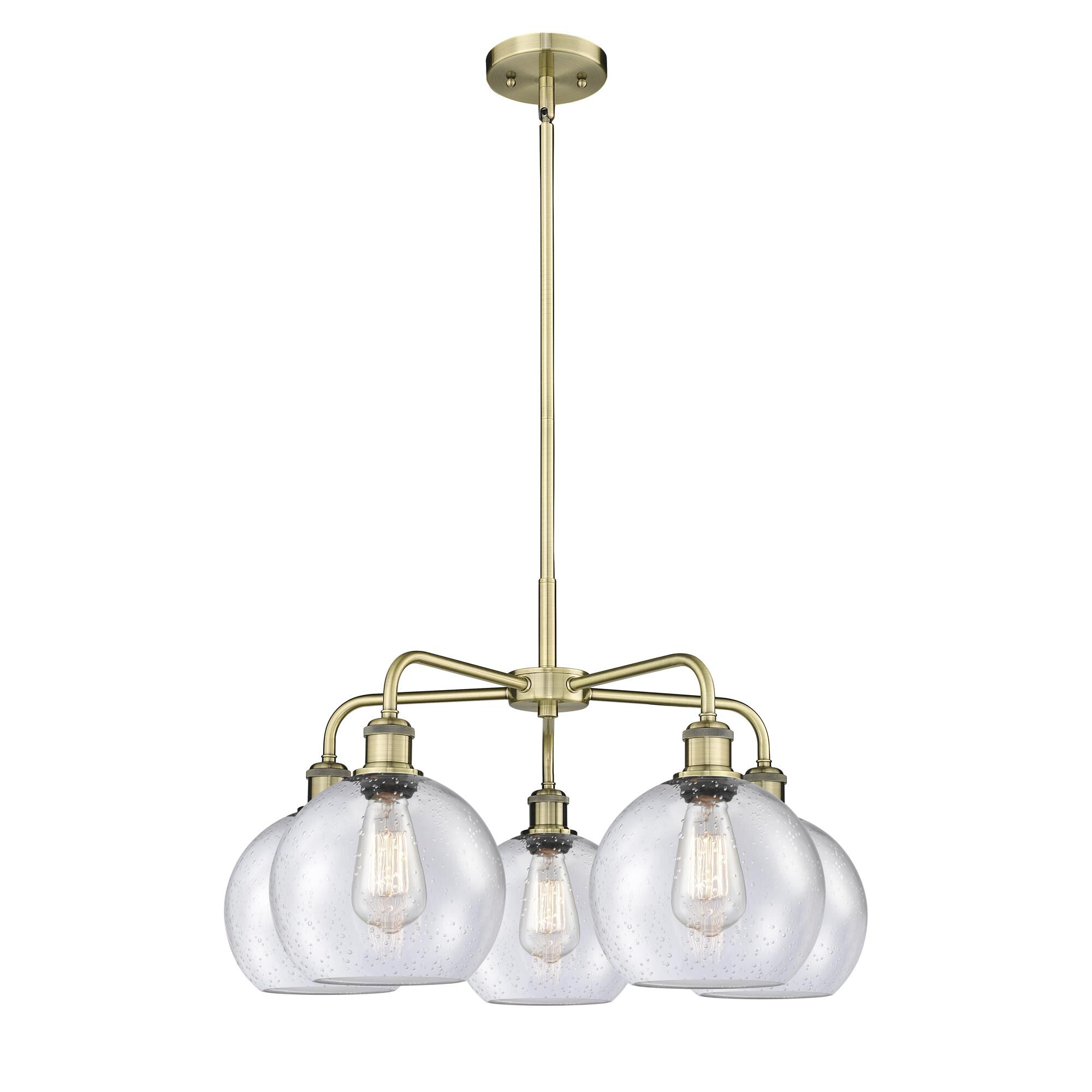 Shown in Antique Brass finish and Seedy glass