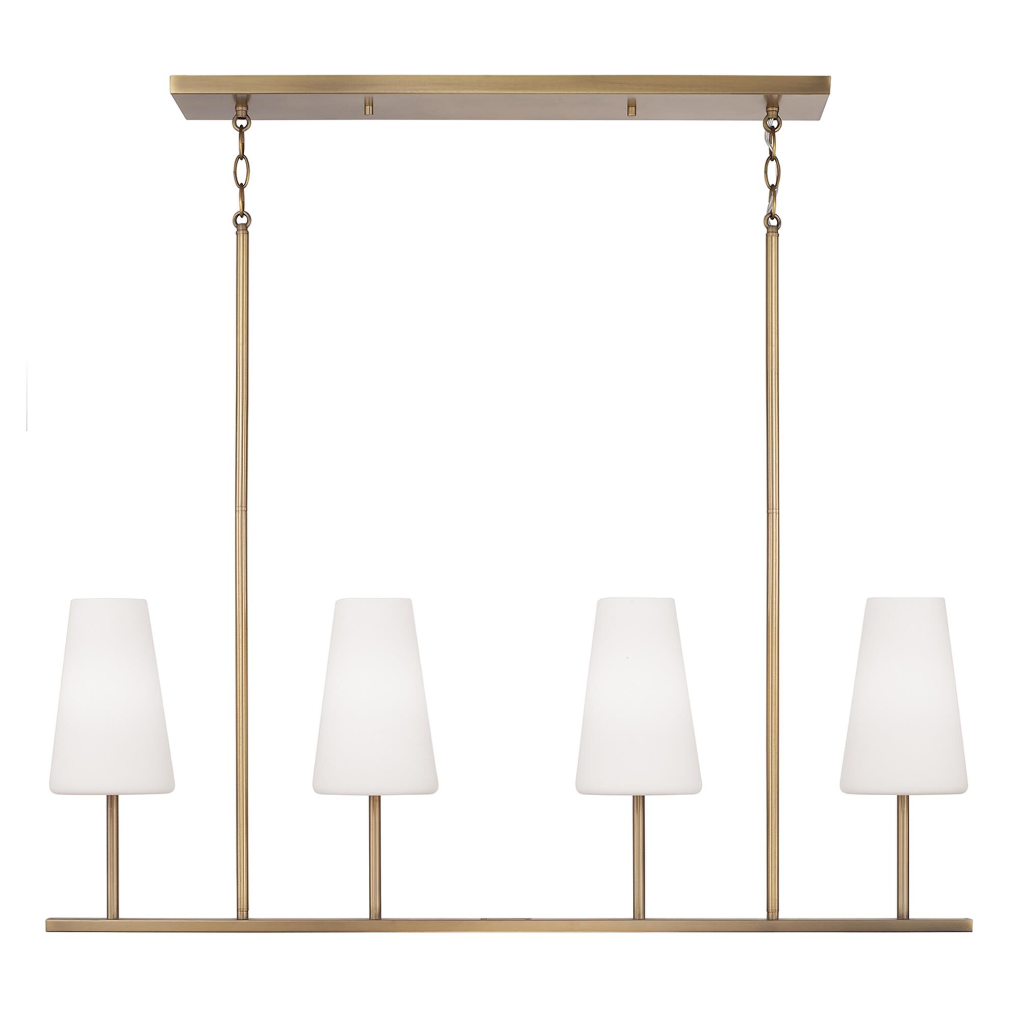 Shown in Aged Brass finish and Soft White glass