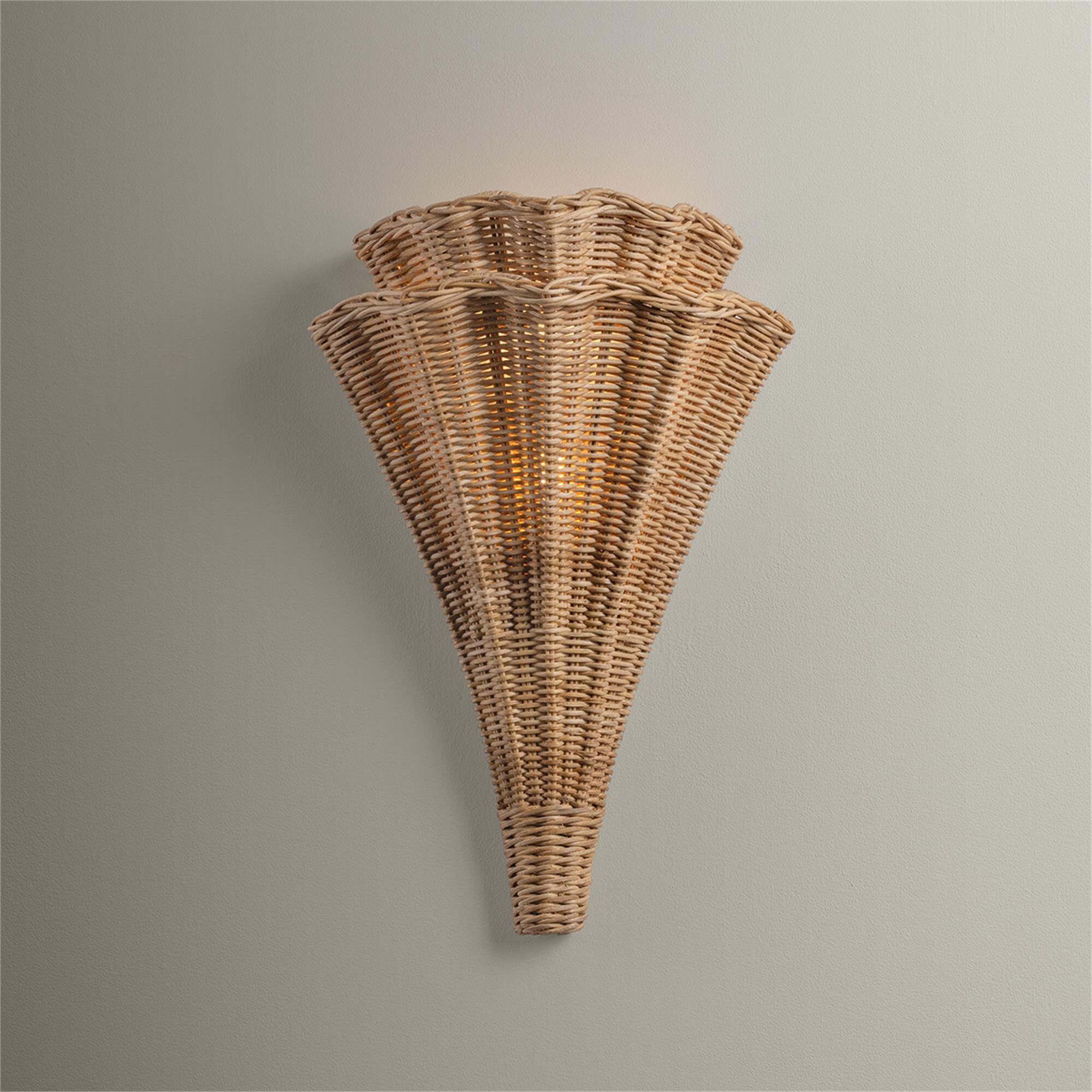 Shown in Vintage Gold Leaf finish and Natural Woven Light Natural Wicker shade