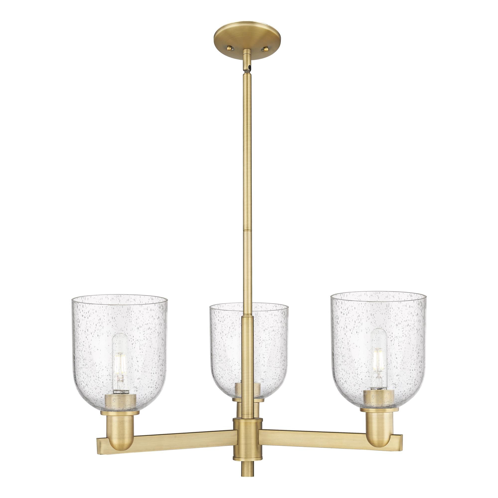 Shown in Brushed Brass finish and Seedy glass