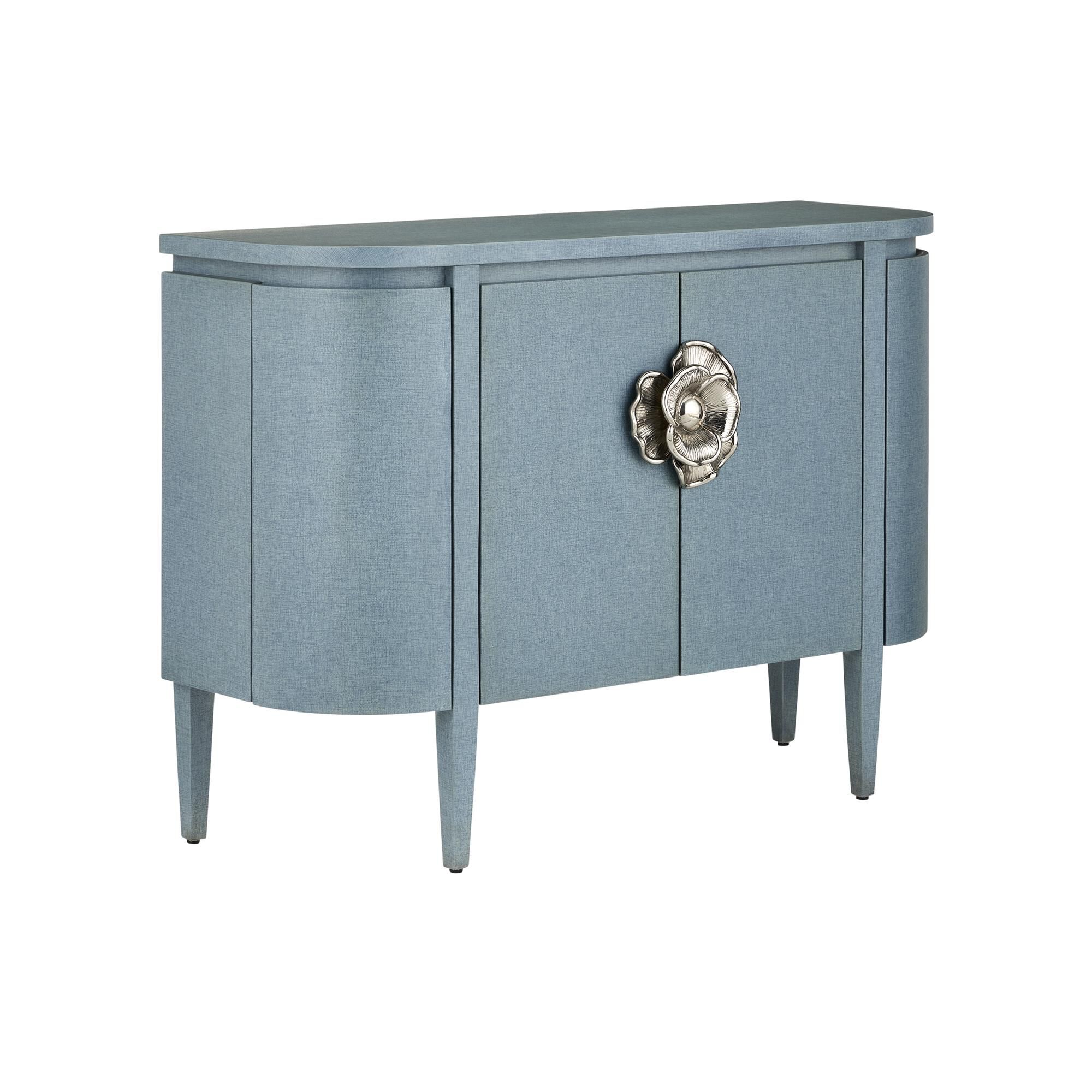 Shown in Lacquered Blue Linen, Natural Oak and Polished Nickel finish