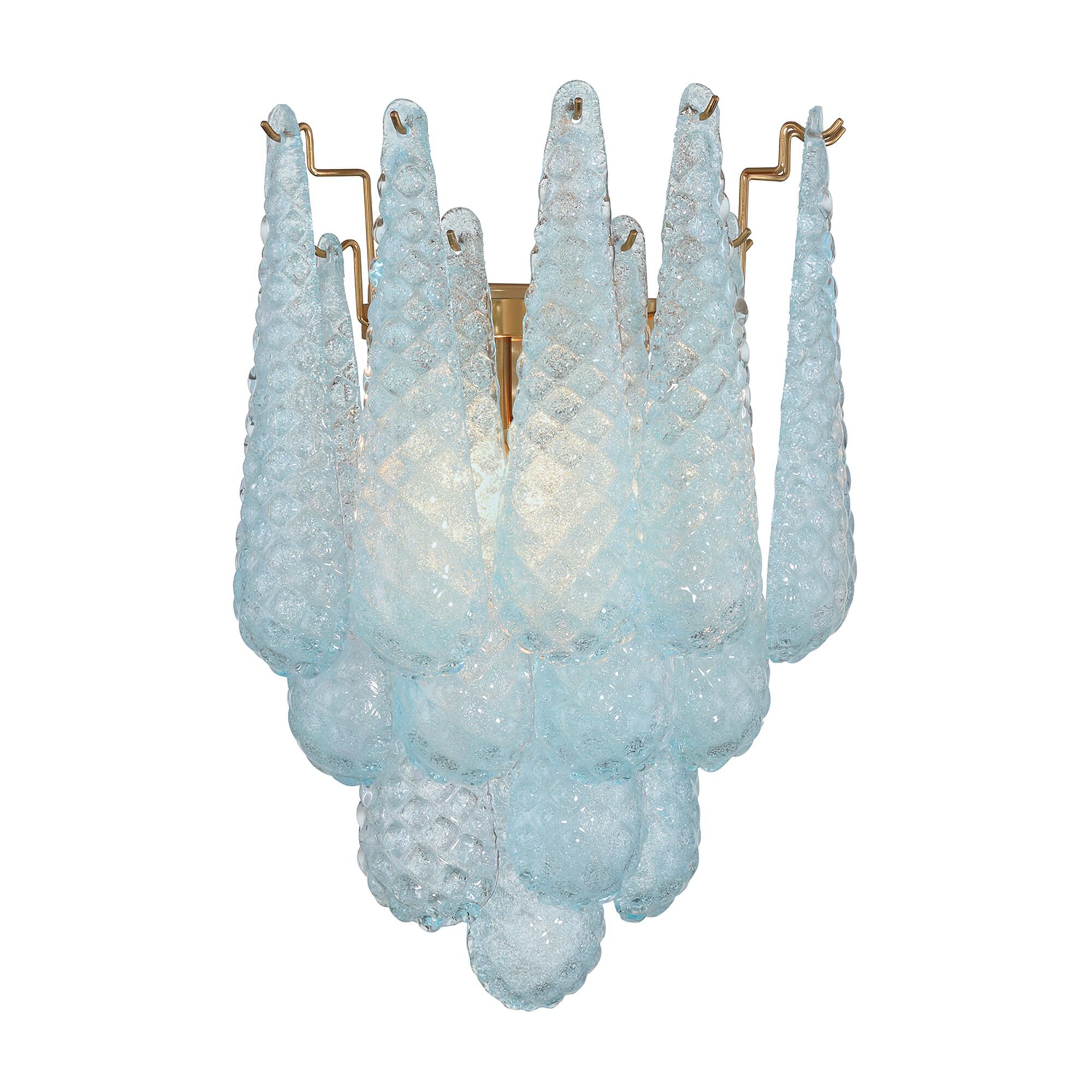 Shown in Aged Brass finish and Sand Blue glass