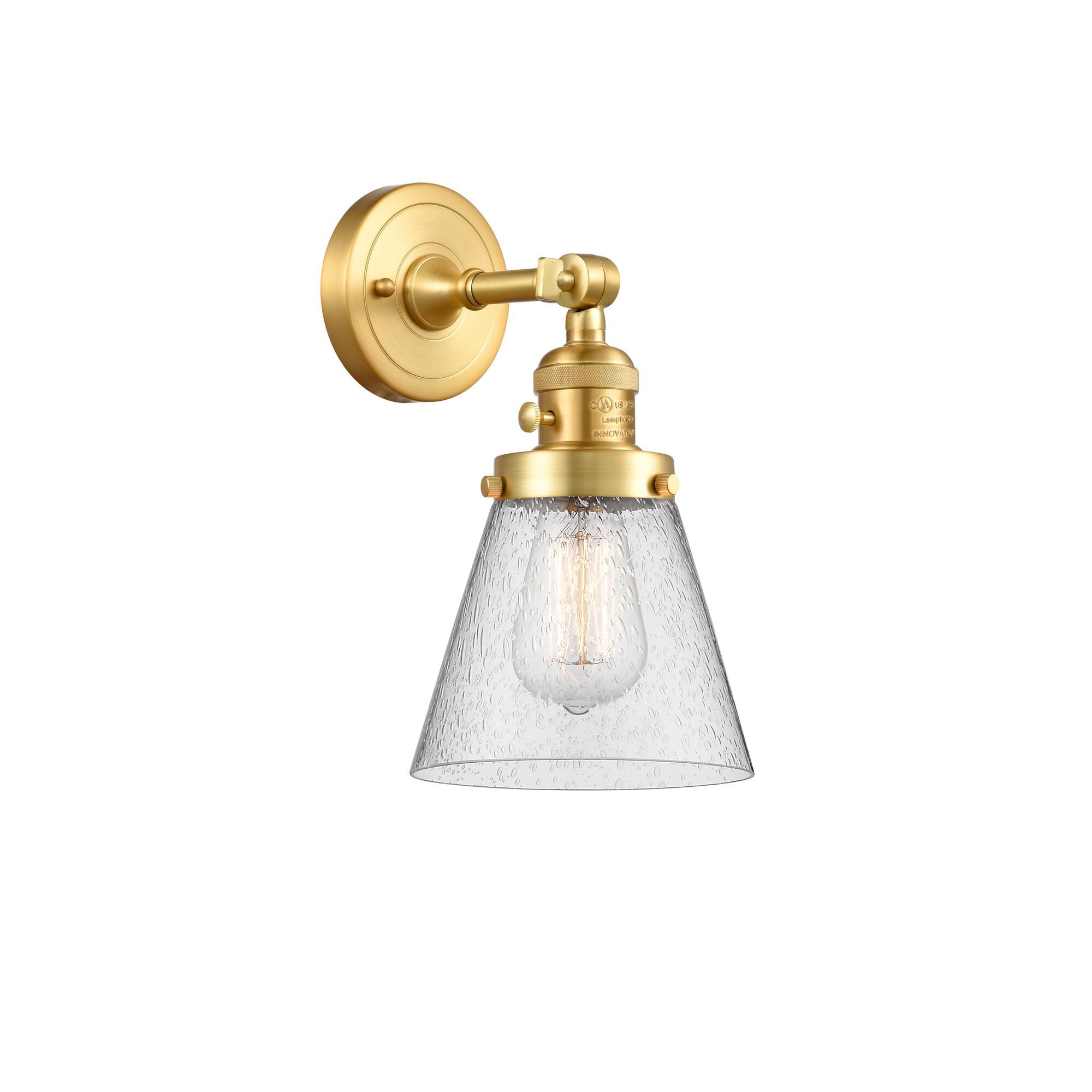 Shown in Satin Gold finish and Seedy Small Cone glass