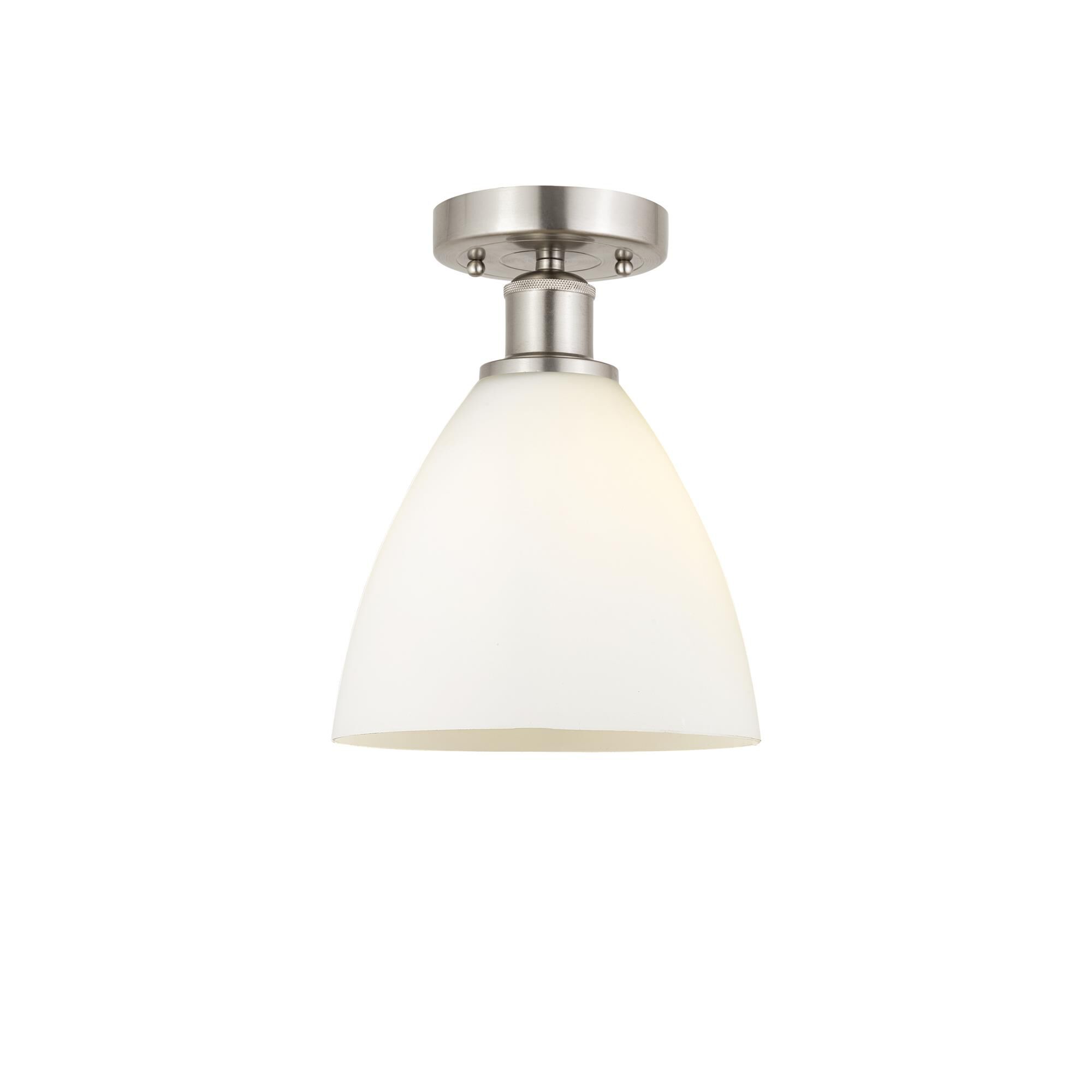 Shown in Brushed Satin Nickel finish and Matte White glass