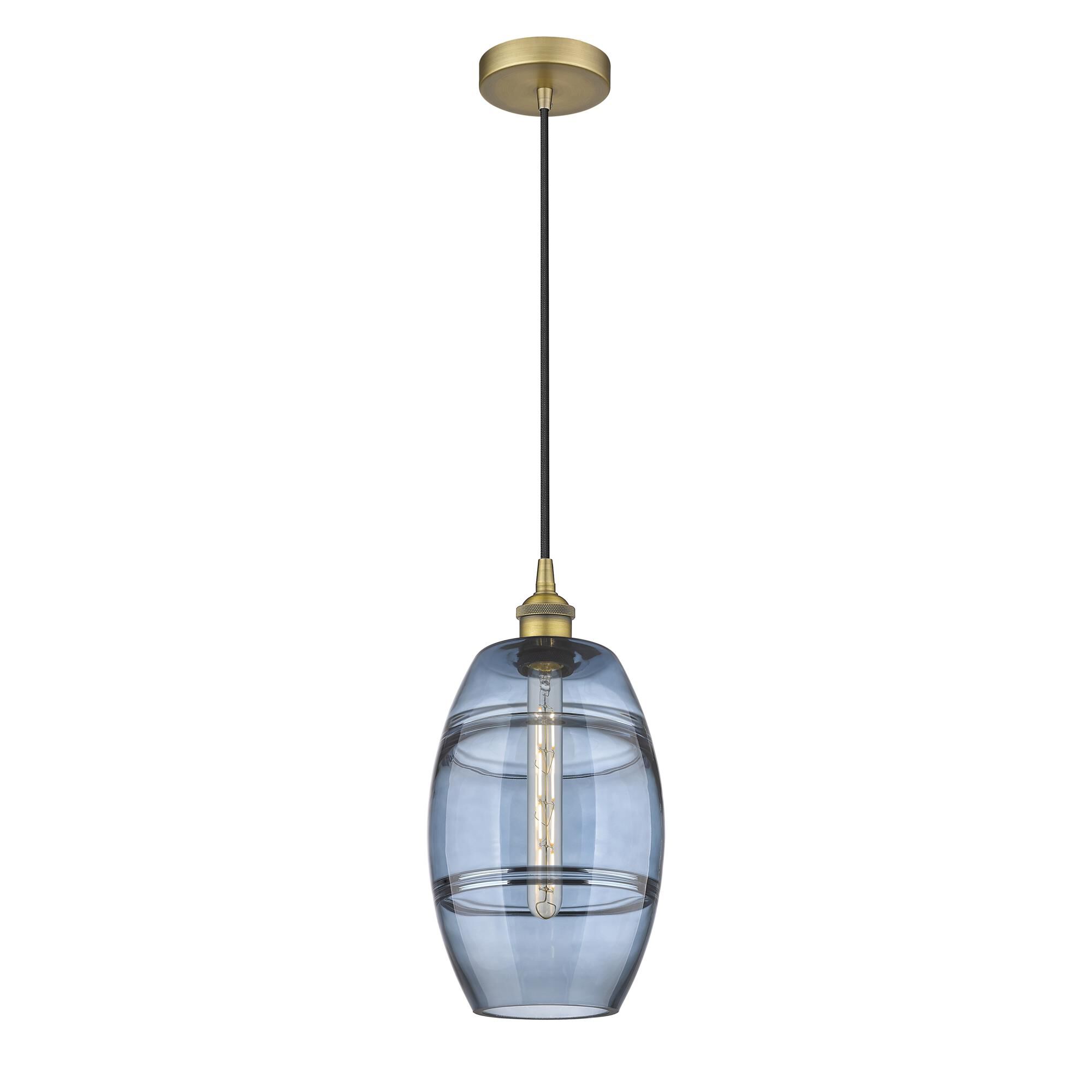 Shown in Brushed Brass finish and Princess Blue glass