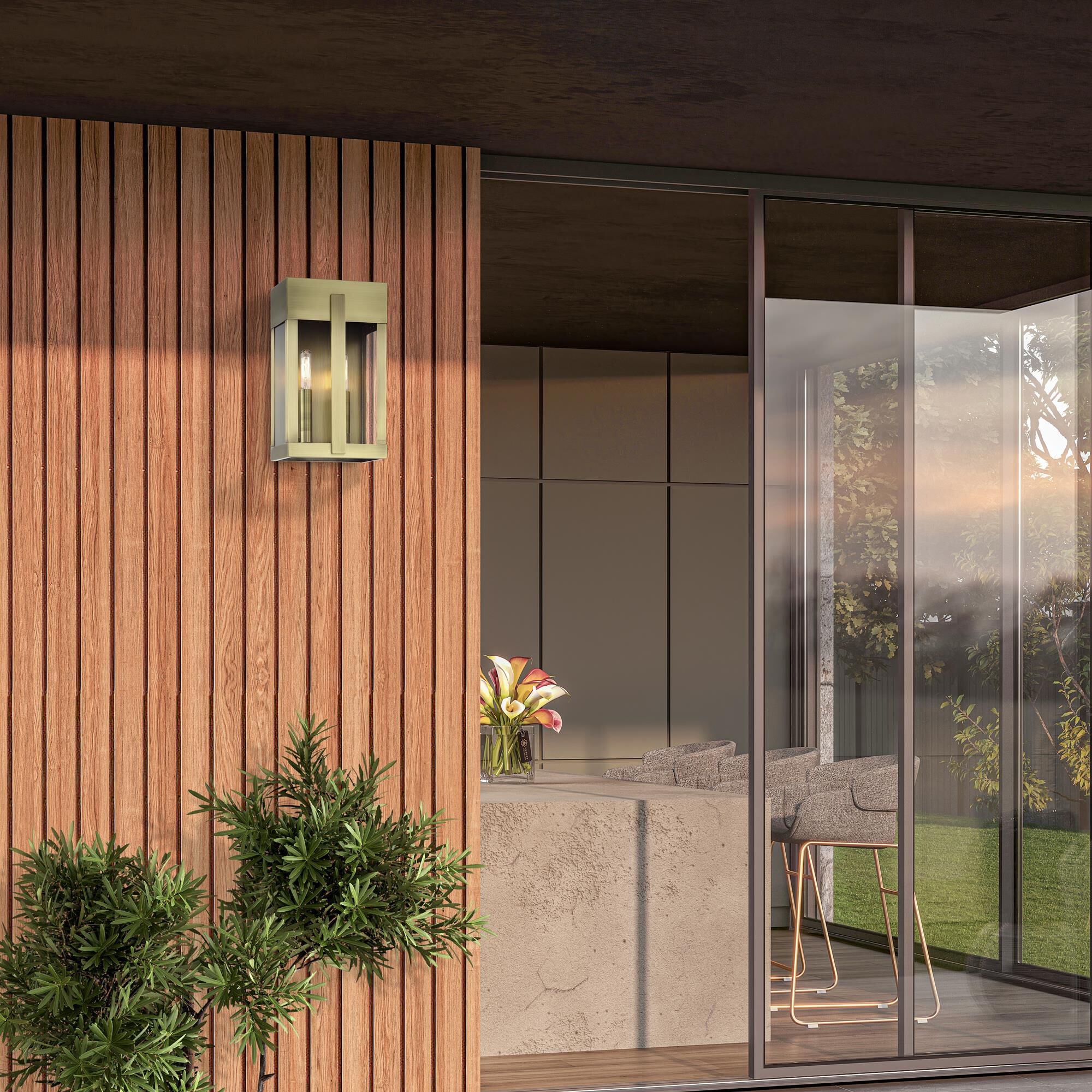 Shown in Antique Brass finish and Clear glass