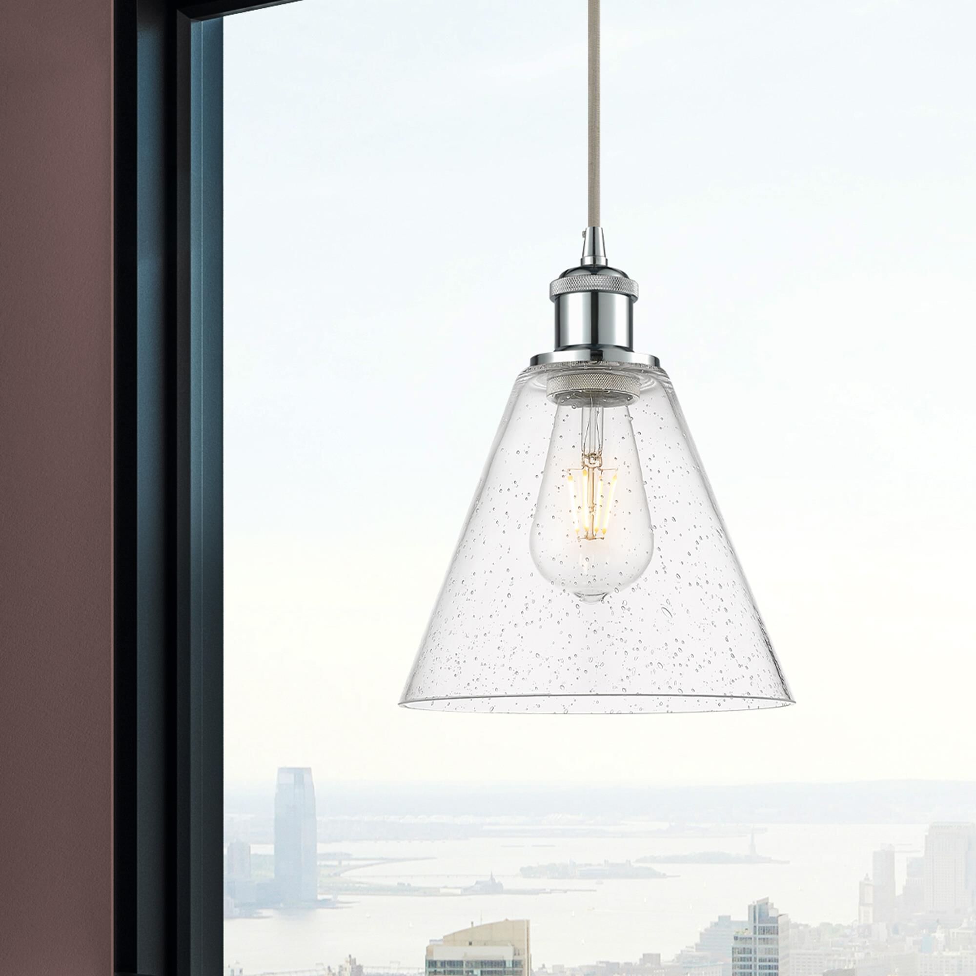 Shown in Polished Chrome finish and Seedy glass