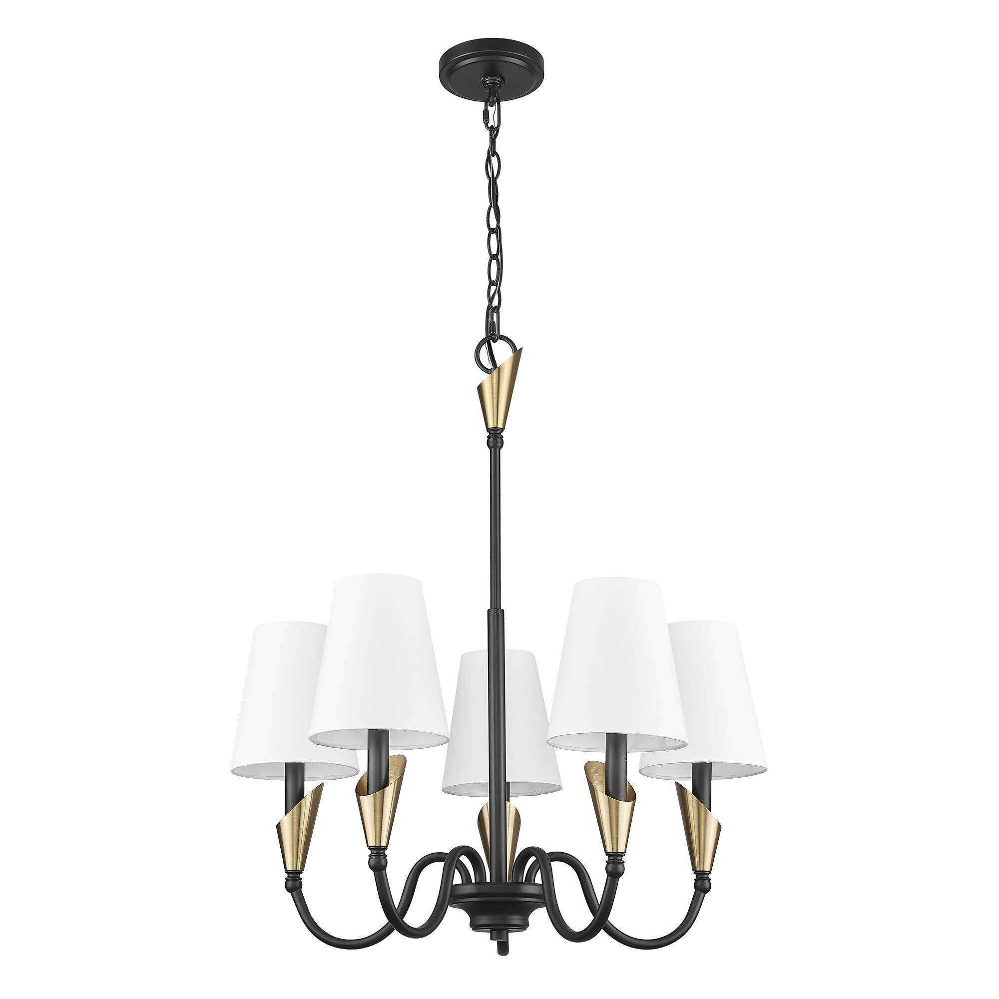 Shown in Matte Black And Modern Gold finish and White glass and White shade