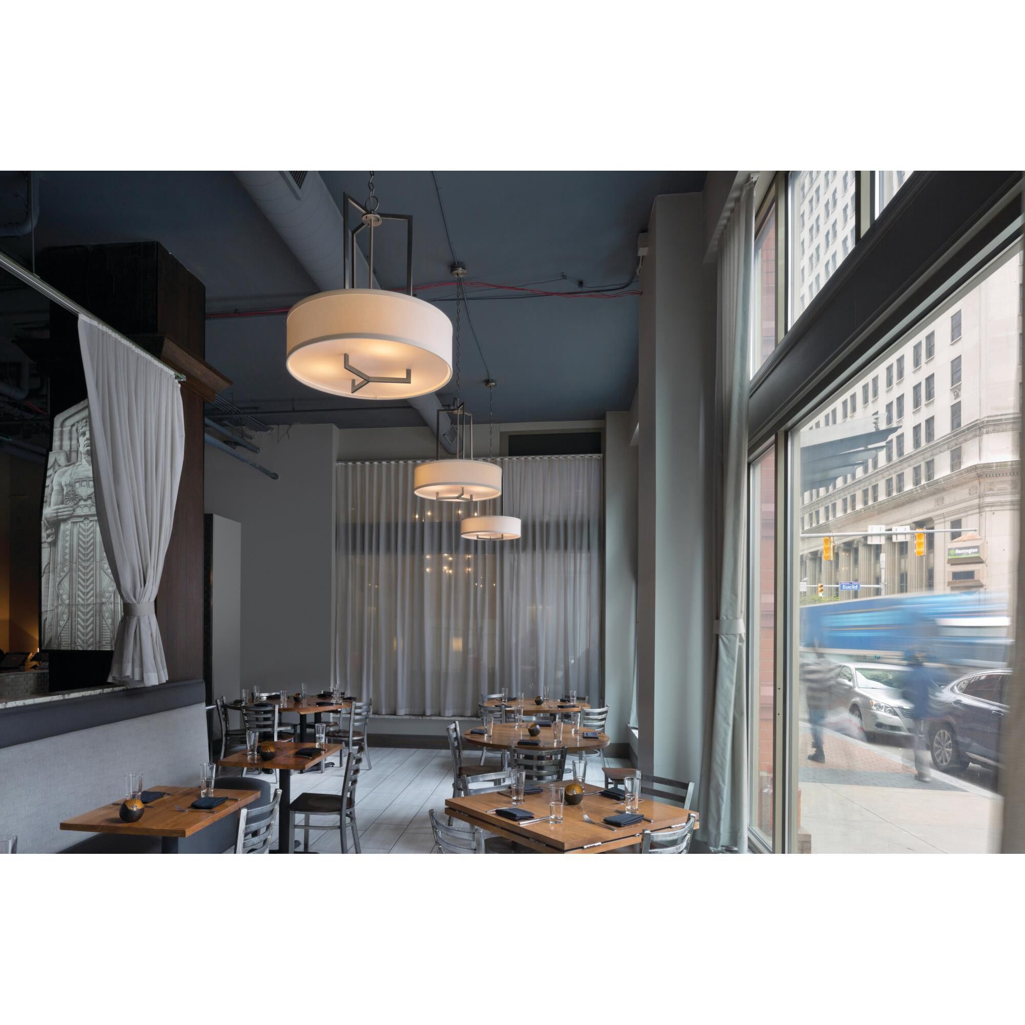 Shown in Antique Nickel finish and Off-White Linen Hardback shade