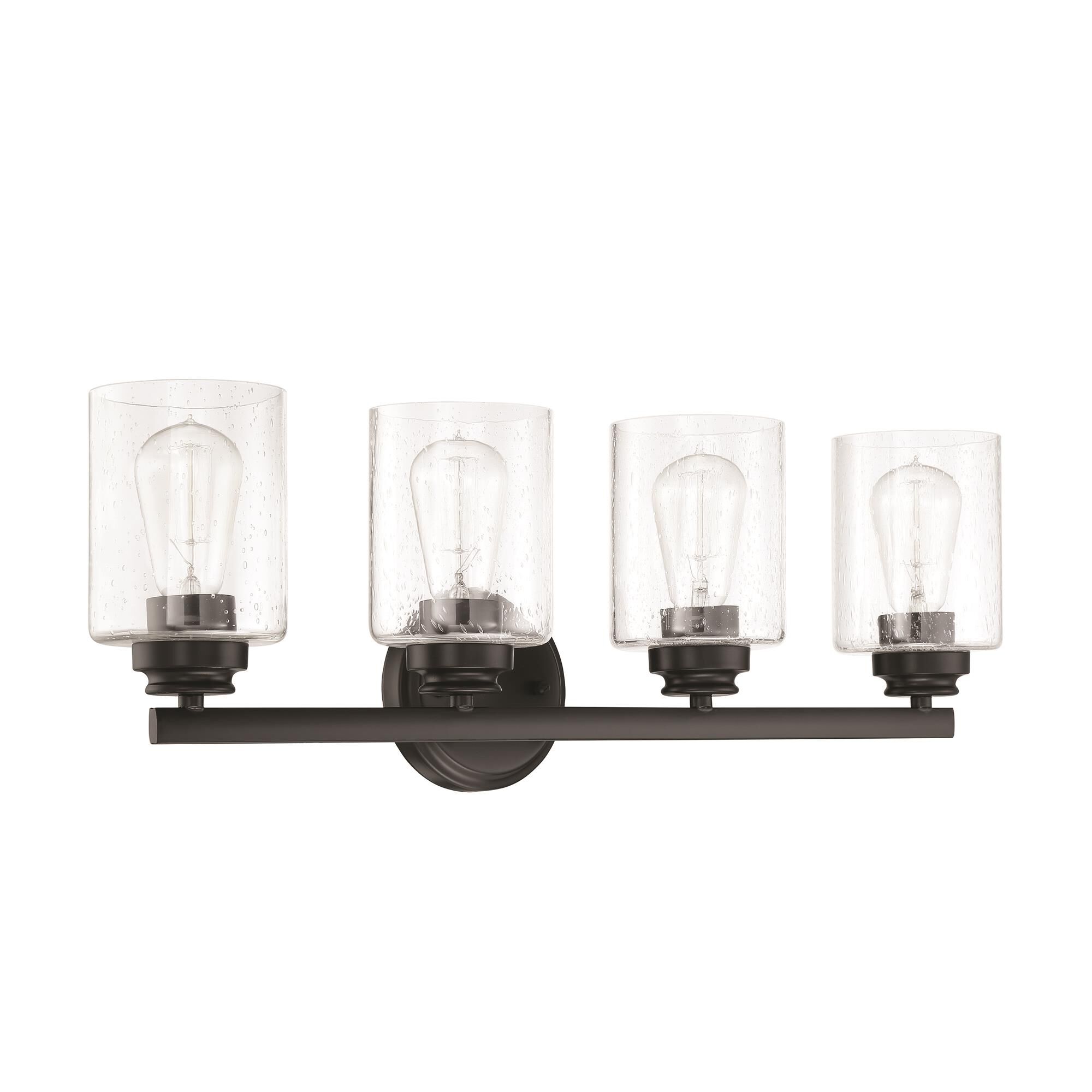Shown in Flat Black finish and Clear Seeded glass and Glass shade
