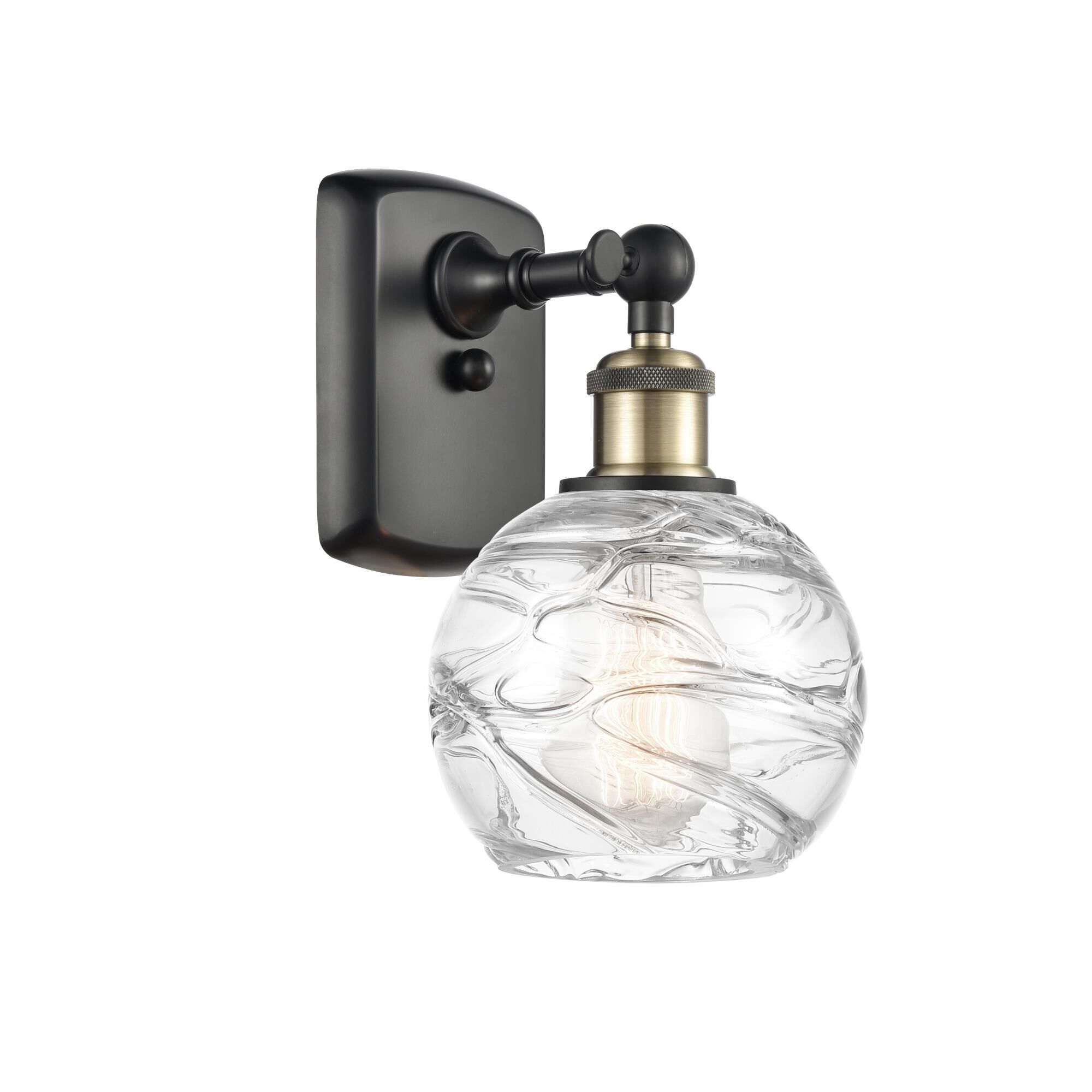 Shown in Black Antique Brass finish and Clear Deco Swirl glass