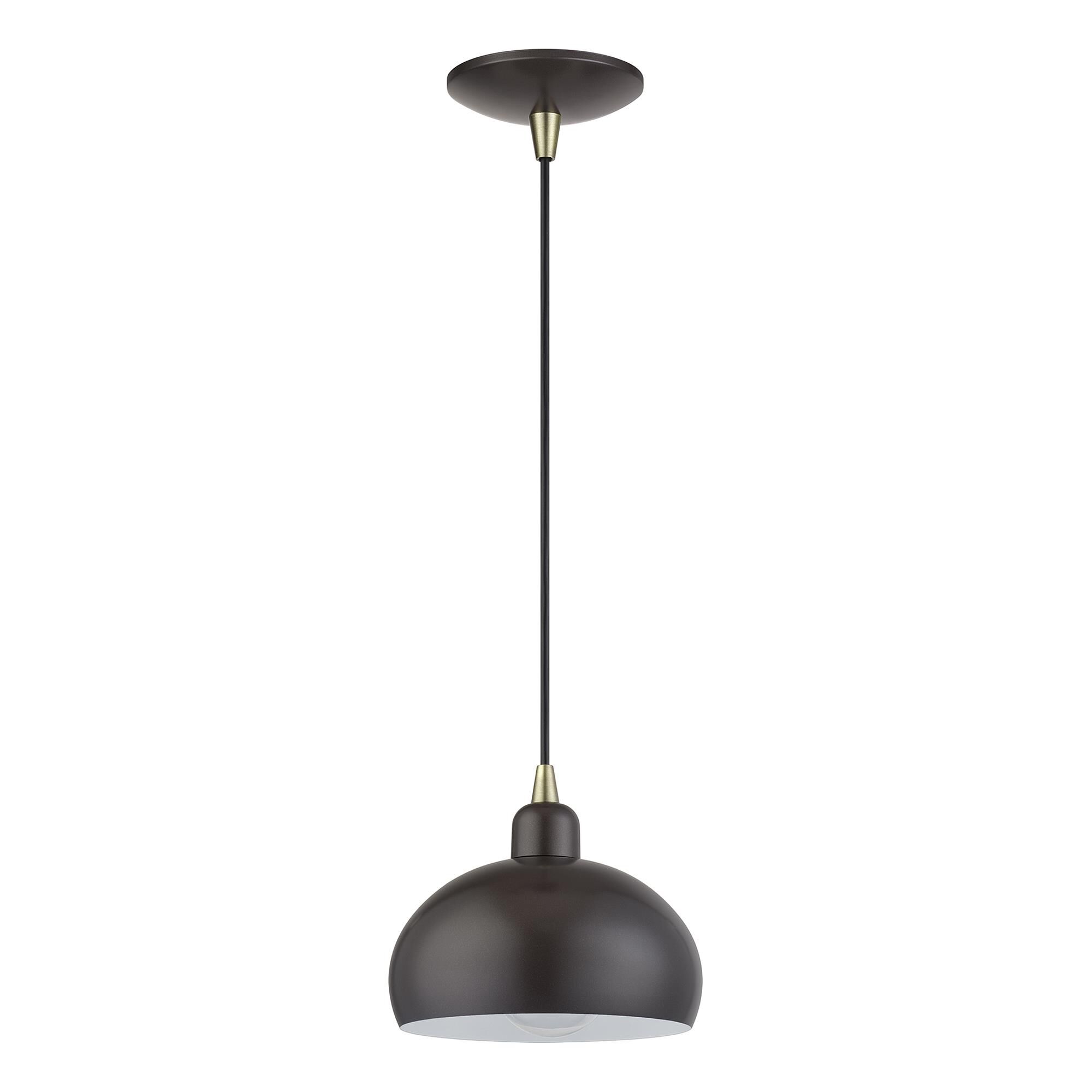 Shown in English Bronze with Antique Brass Accents finish and English Bronze Steel with Shiny White Inside shade