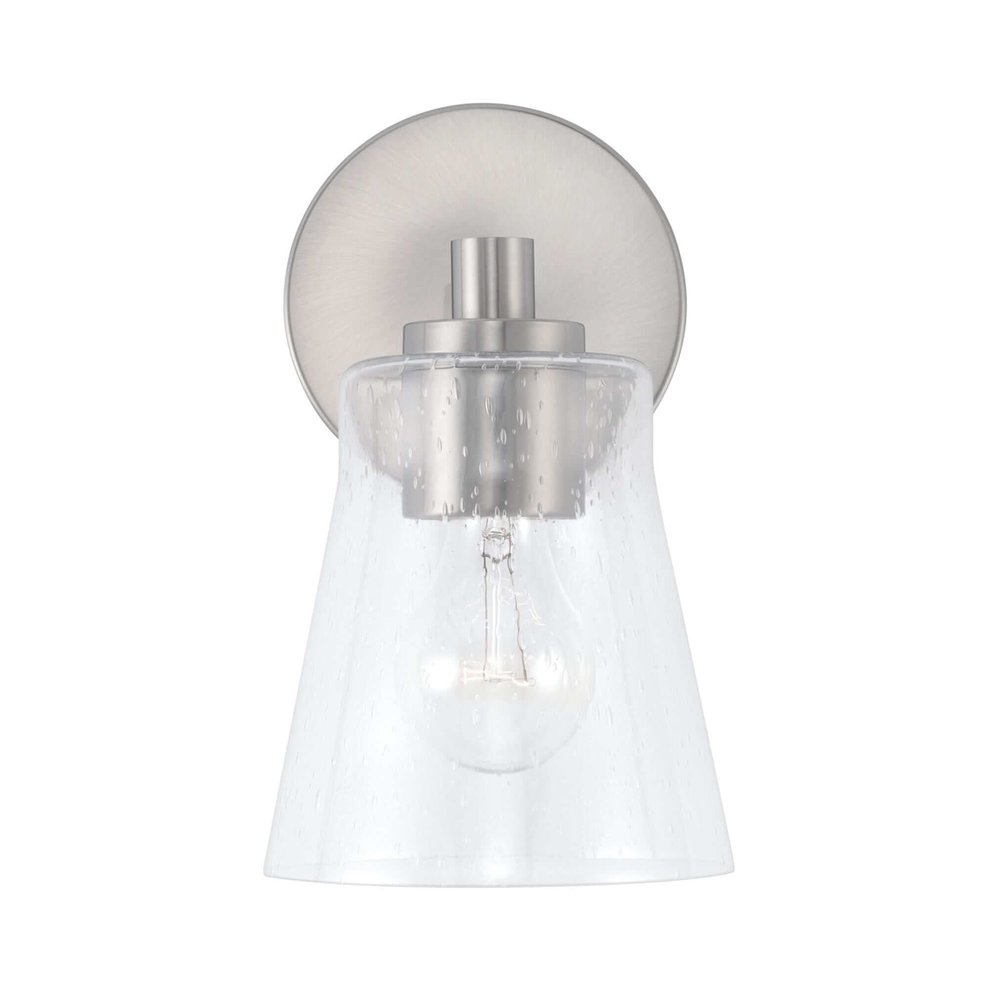 Shown in Brushed Nickel finish and Clear Seeded glass
