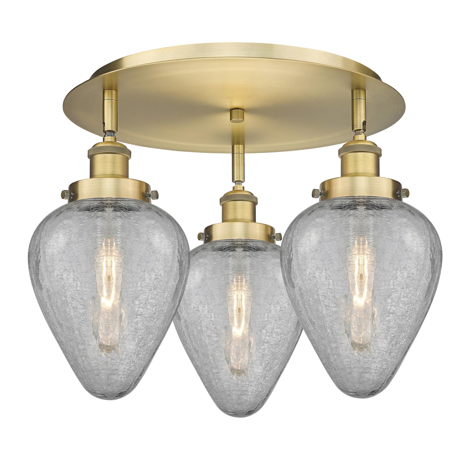 Shown in Brushed Brass finish and Clear Crackled glass