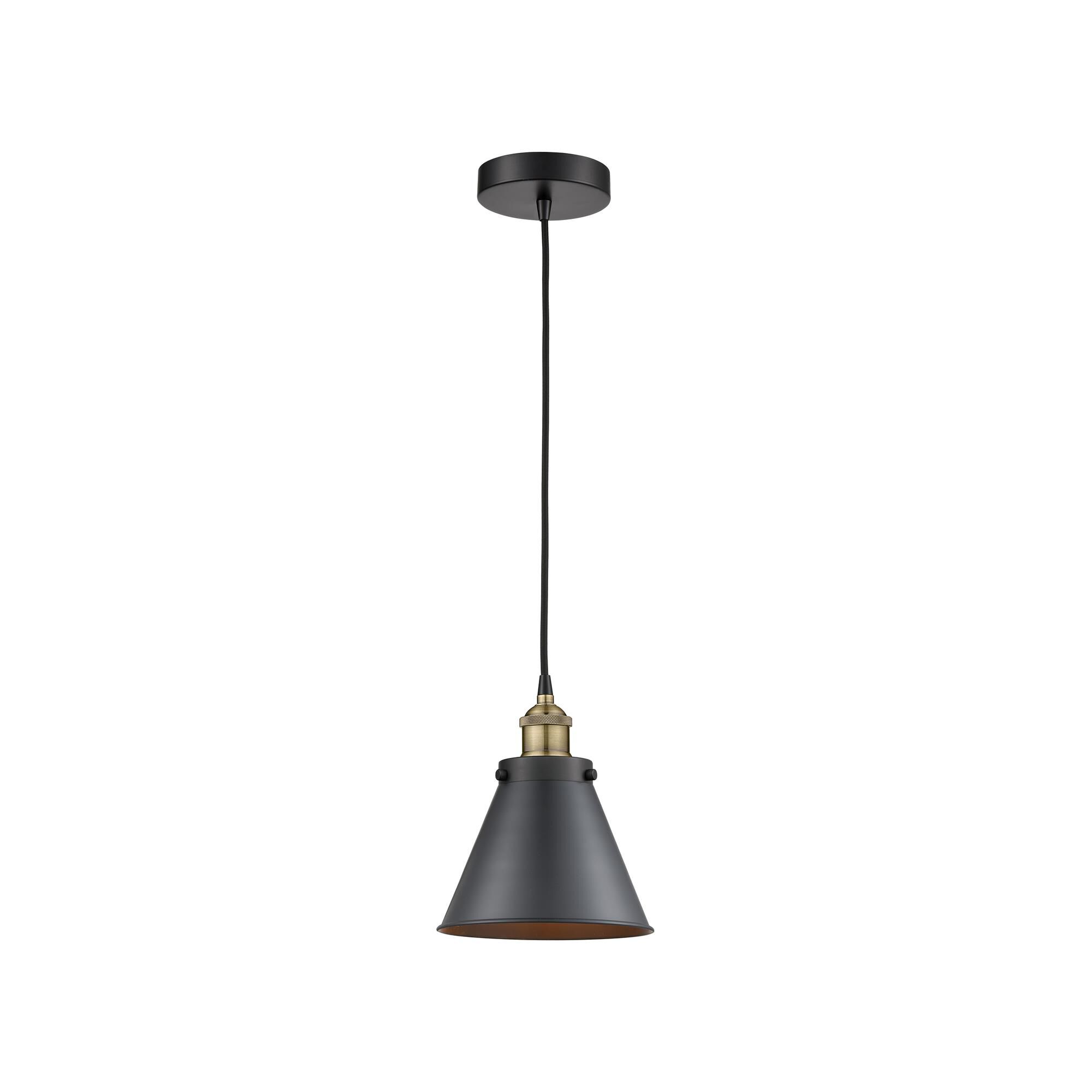 Shown in Black Antique Brass finish and Matte Black shade