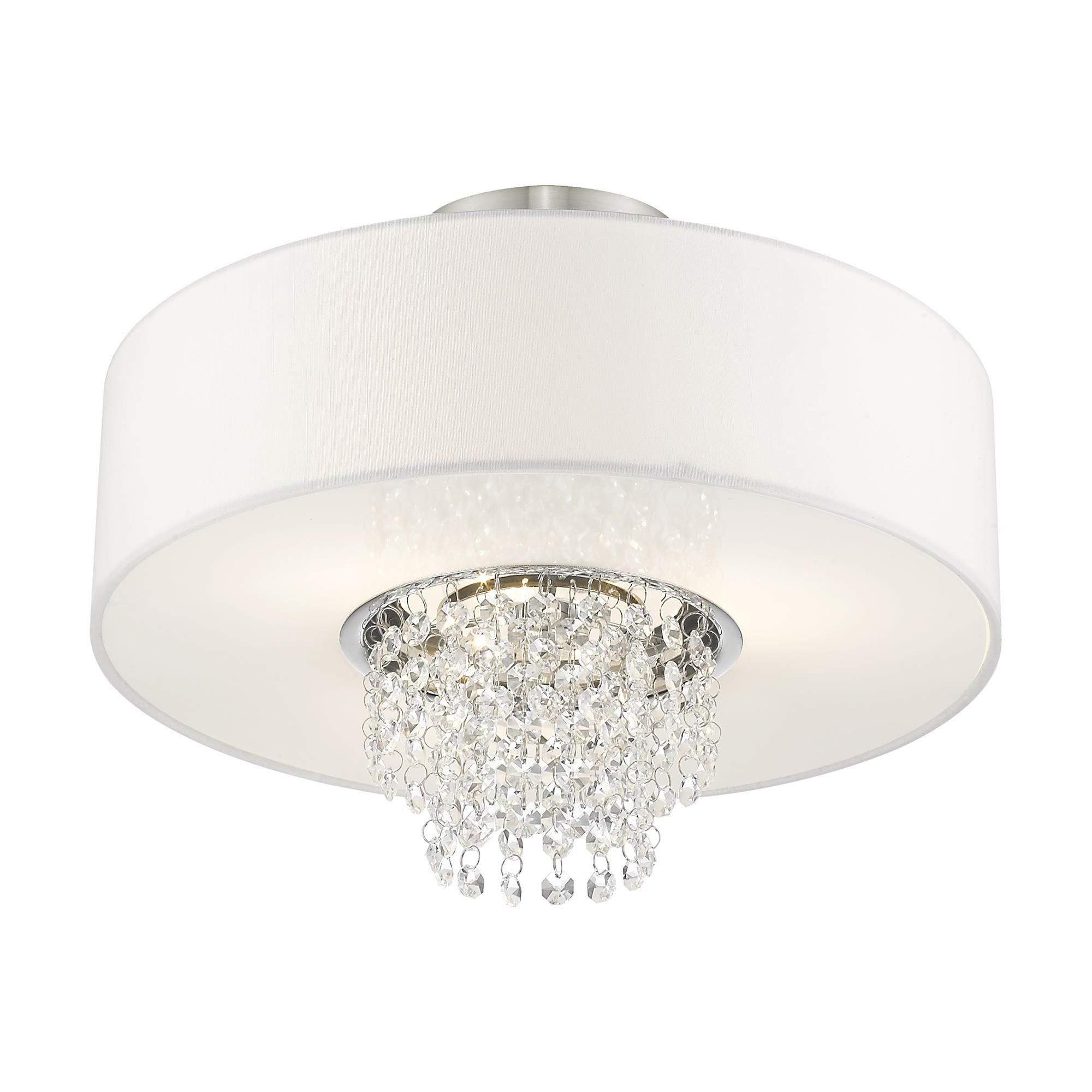 Shown in Brushed Nickel finish and Clear crystal and Off-White Sheer Organza shade