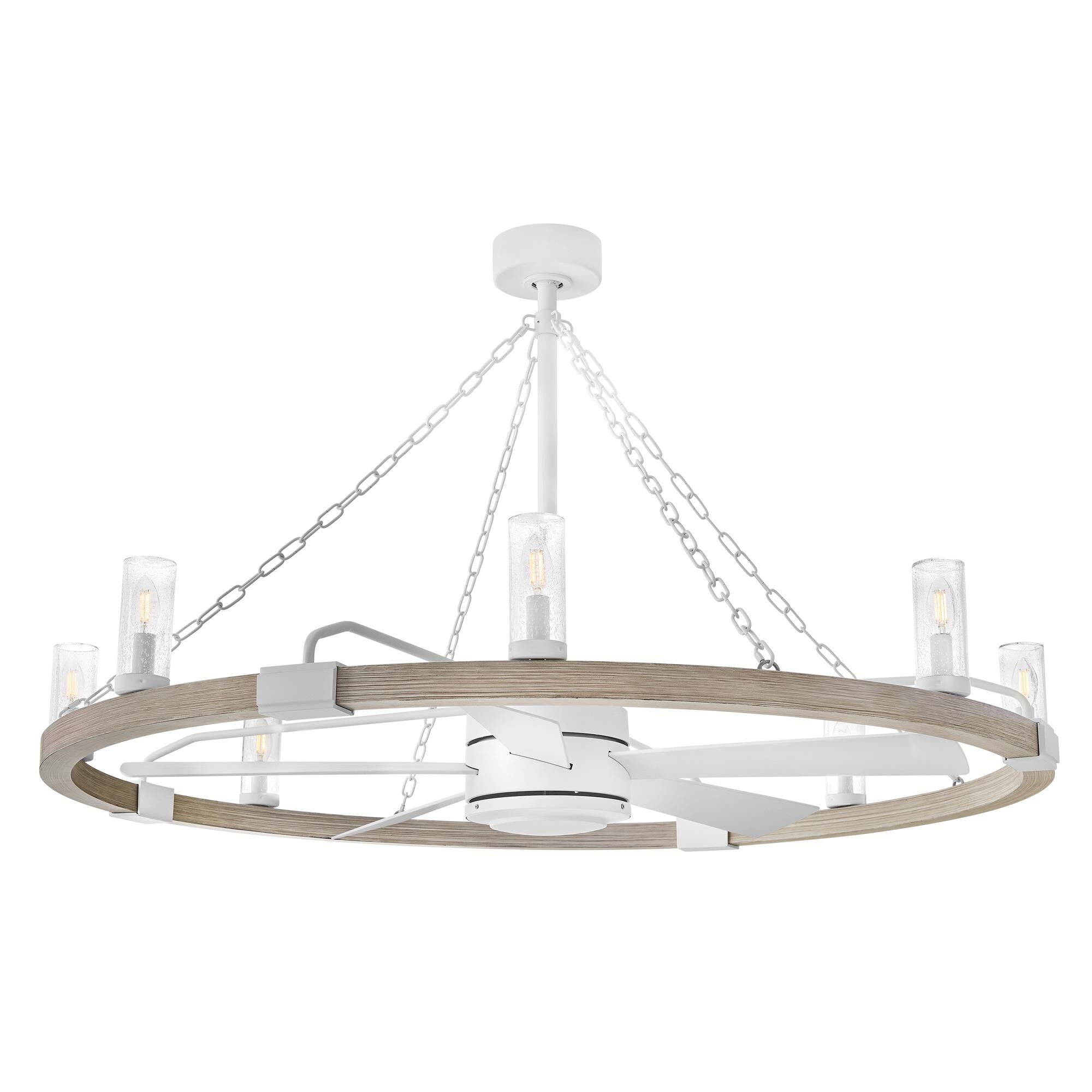 Shown in Matte White with Weathered Wood finish and Clear Seedy glass