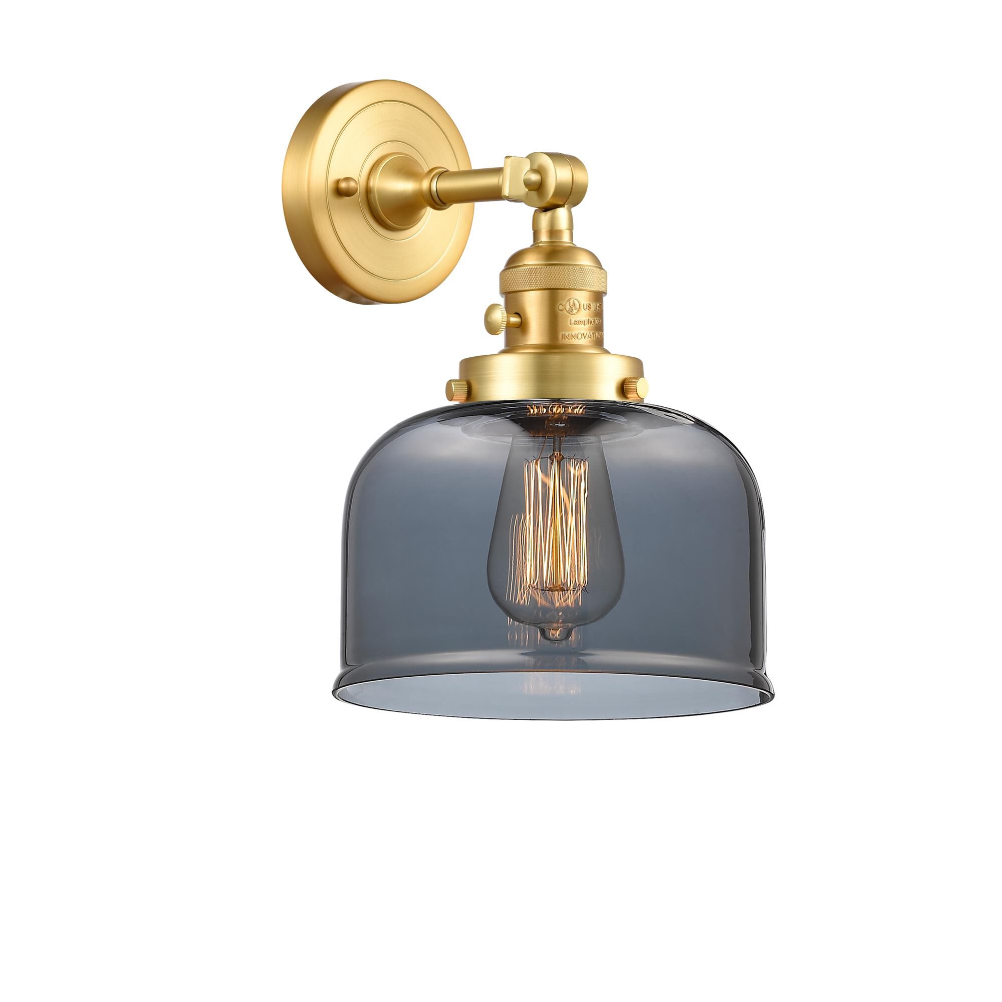Shown in Satin Gold finish and Plated Smoke Large Bell glass
