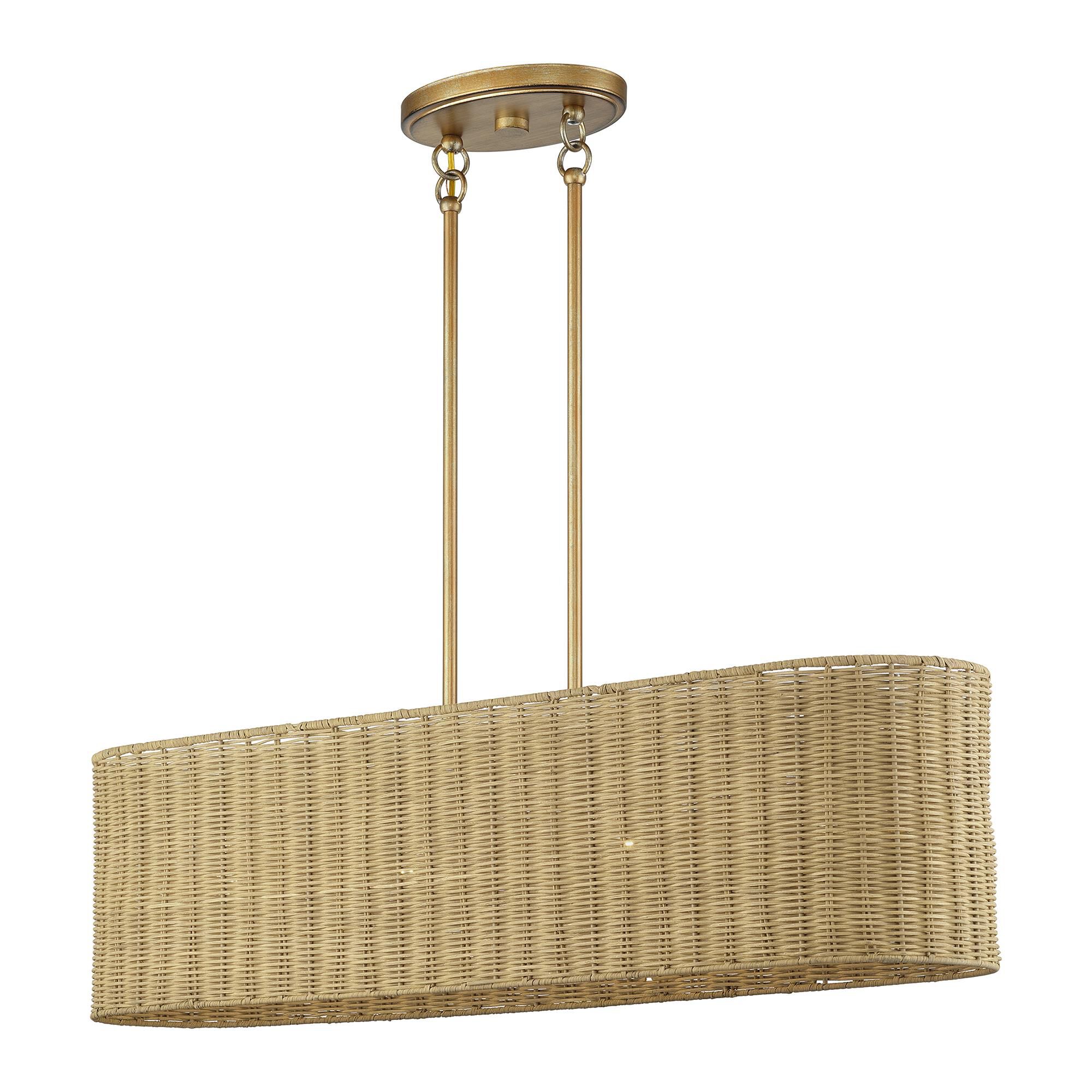 Shown in Antique Gold Leaf finish and Hand-Woven Rustic Walnut Color Rattan shade