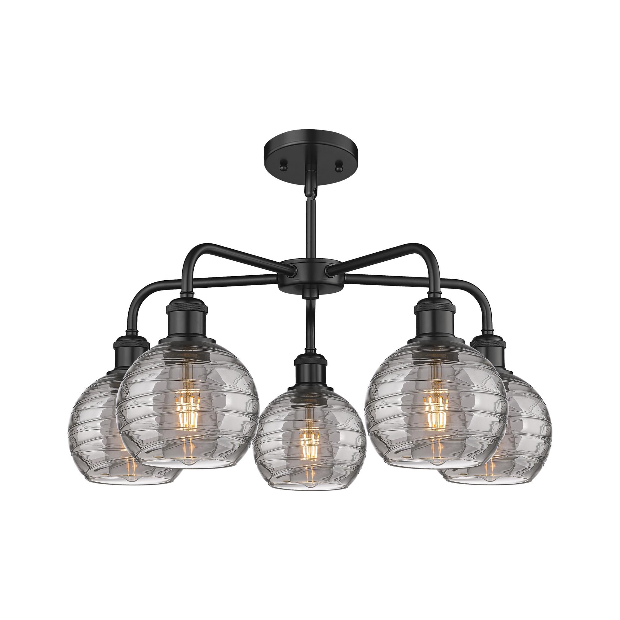 Shown in Matte Black finish and Light Smoke Deco Swirl glass