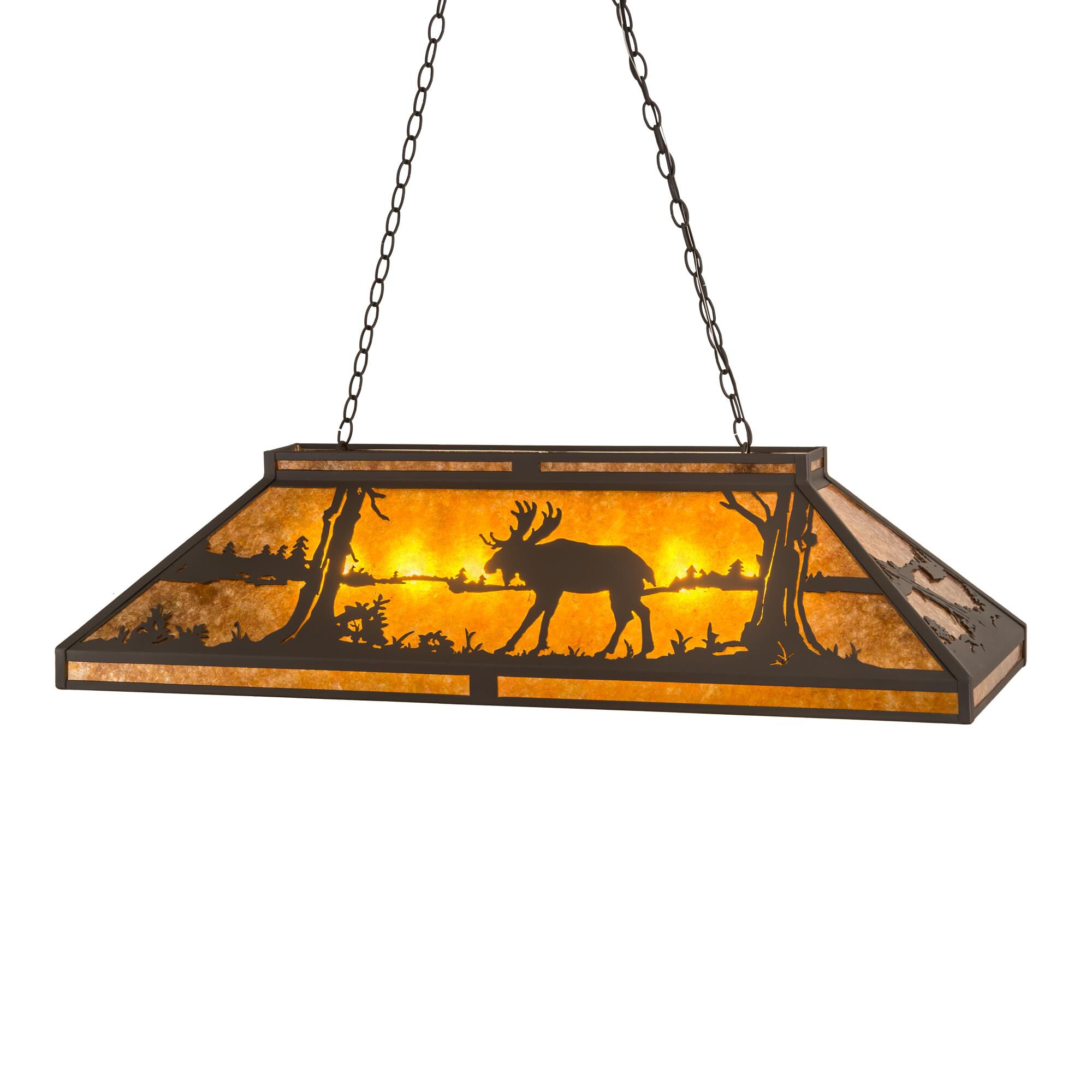 Shown in Wrought Iron finish and Amber Mica glass