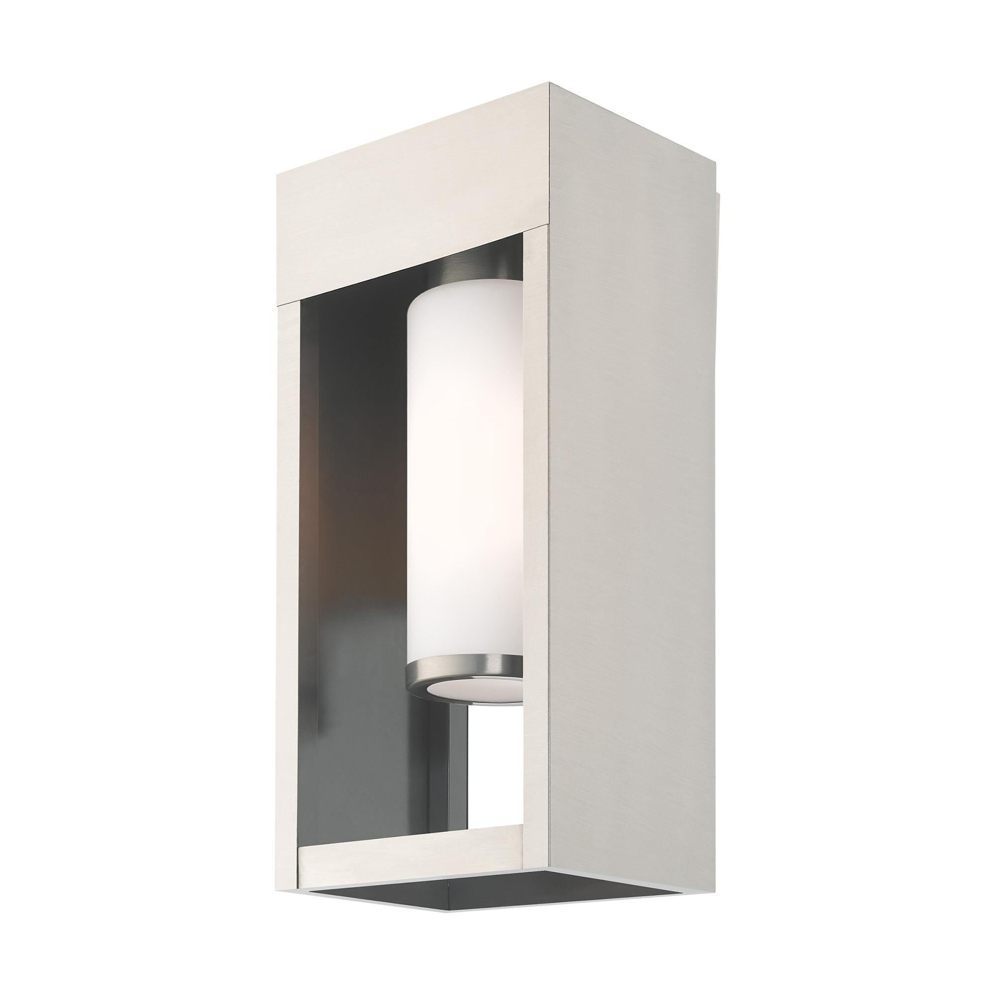 Shown in Brushed Nickel finish and Hand Blown Satin Opal White Cylinder glass