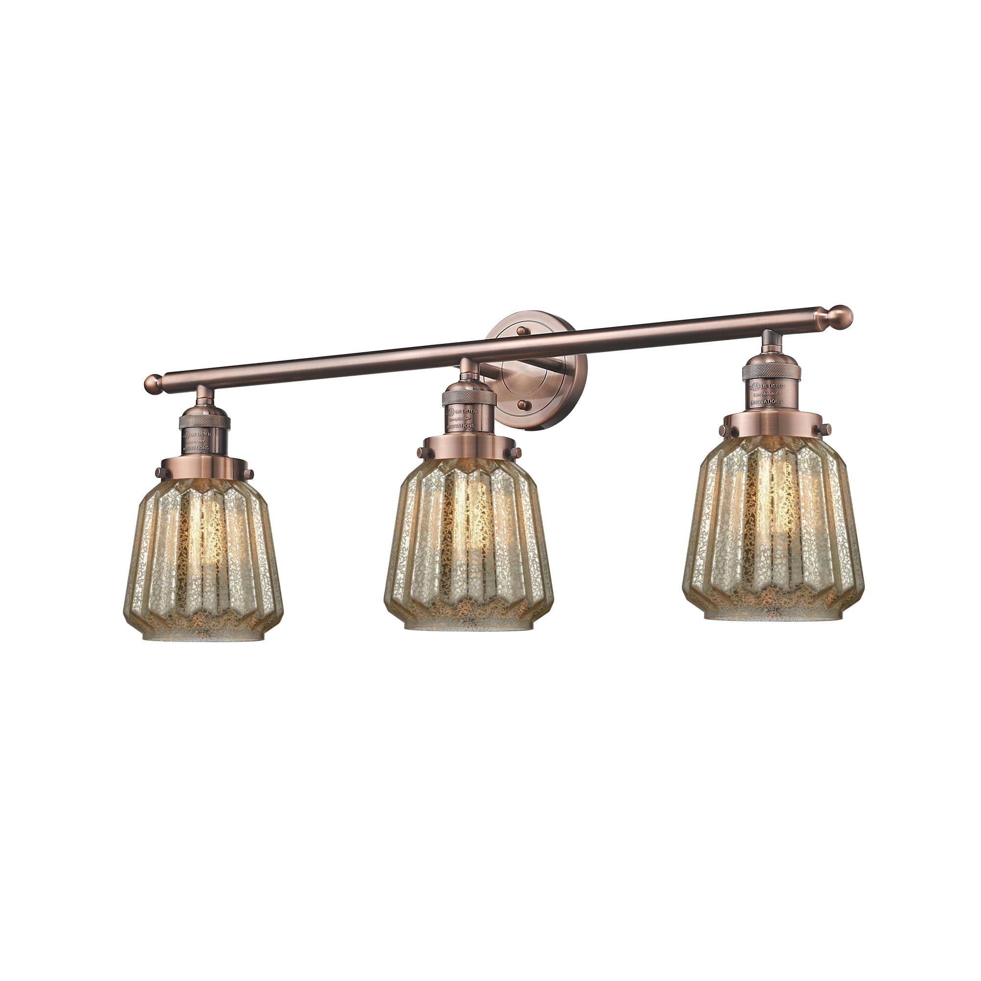 Shown in Antique Copper finish and Mercury Fluted glass