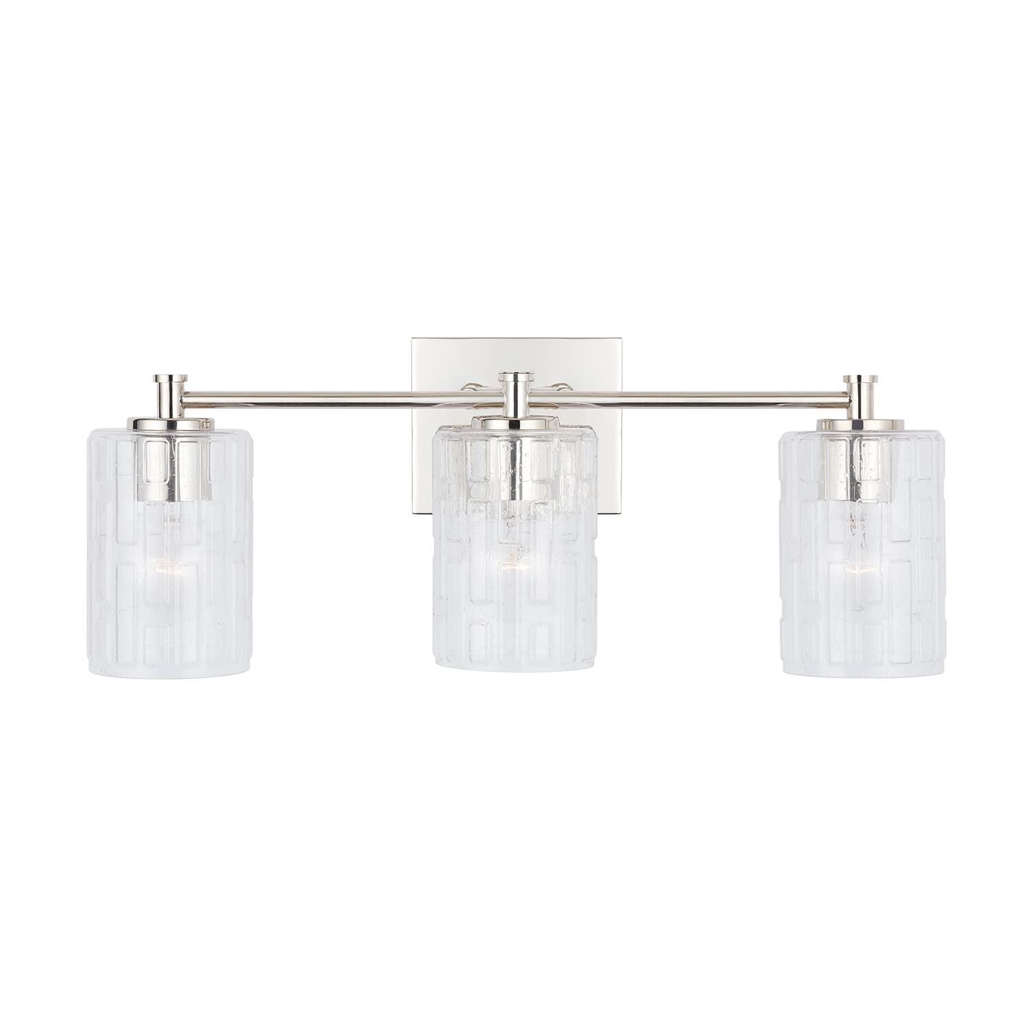 Shown in Polished Nickel finish and Clear Embossed glass