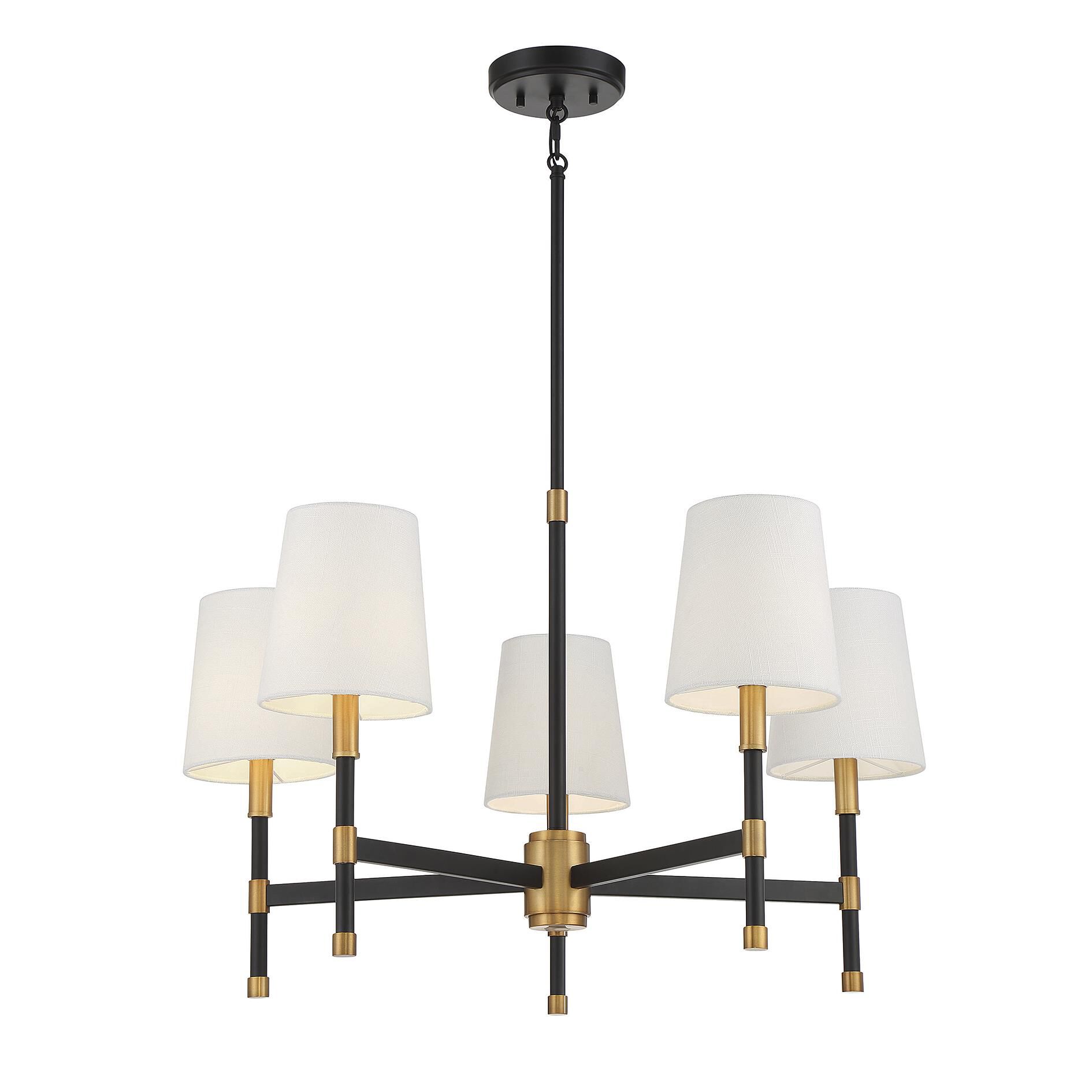 Shown in Matte Black With Warm Brass Accents finish and White Fabric shade