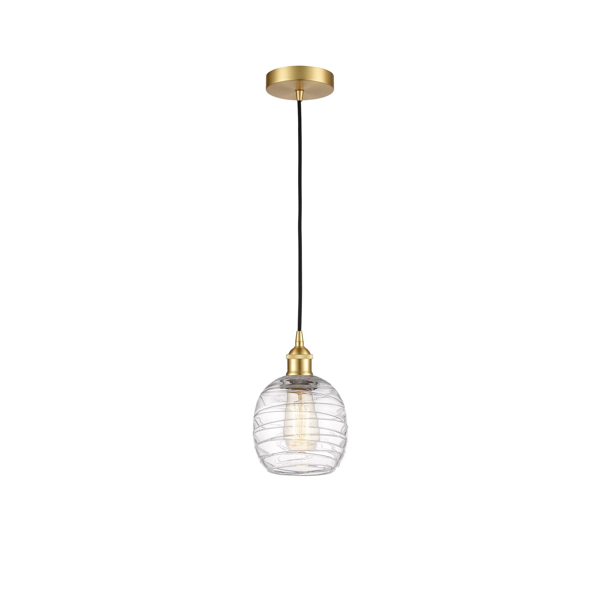 Shown in Satin Gold finish and Deco Swirl glass