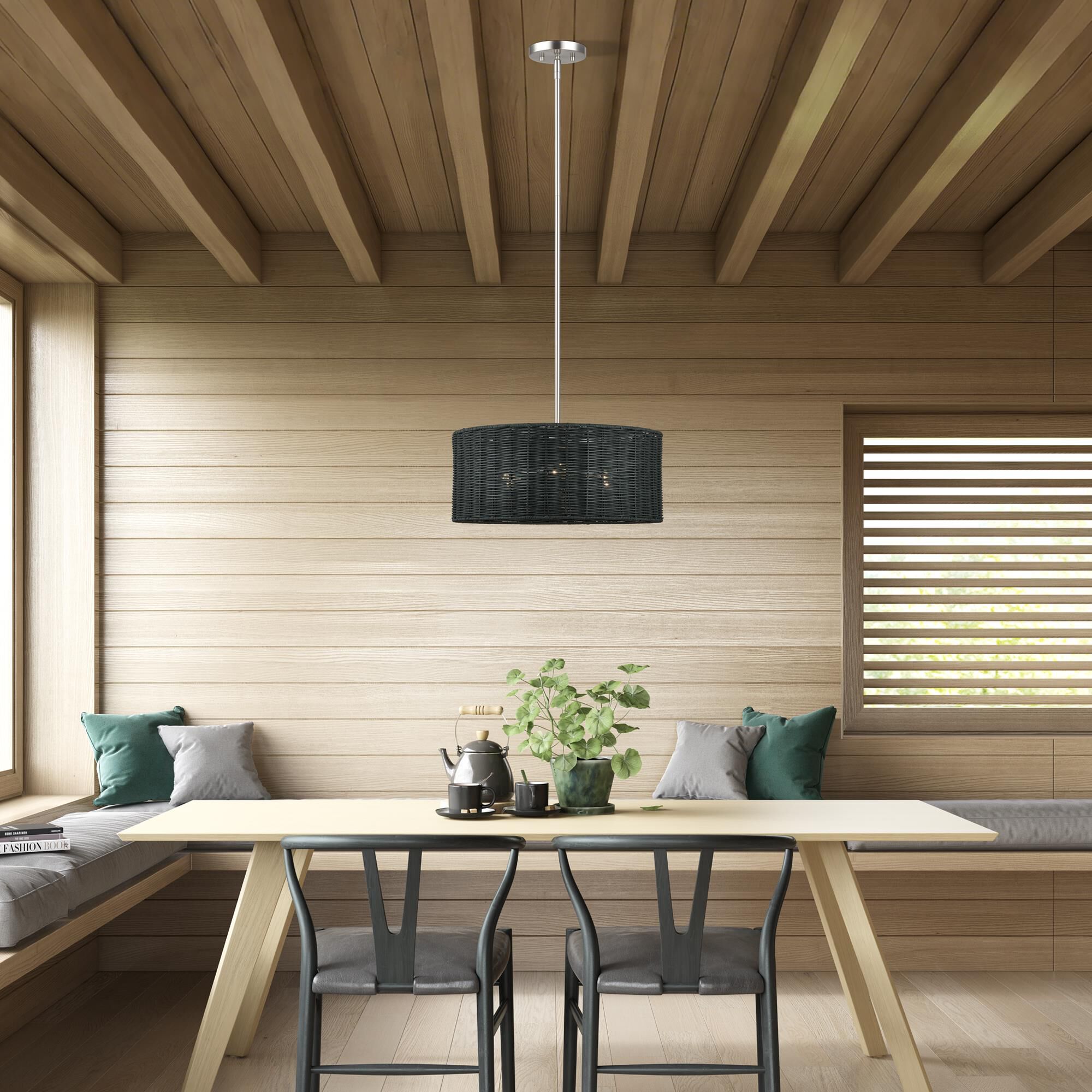 Shown in Brushed Nickel finish and Hand-Woven Charred Gray Color Rattan shade