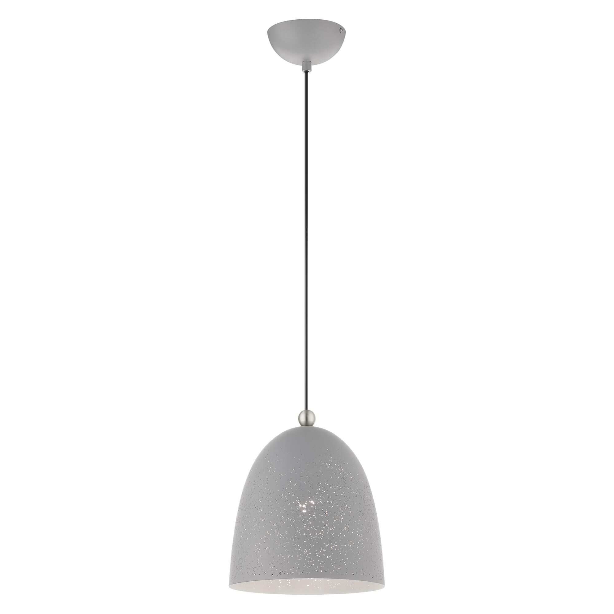 Shown in Nordic Gray With Brushed Nickel Accents finish and Nordic Gray Ornamental Metal Shade With White Finish Inside glass and Nordic Gray Ornamental Metal  With White Finish Inside shade