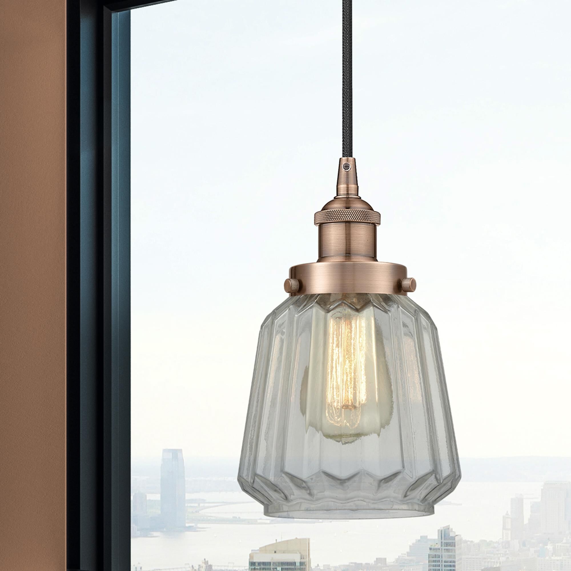 Shown in Antique Copper finish and Clear Chatham glass